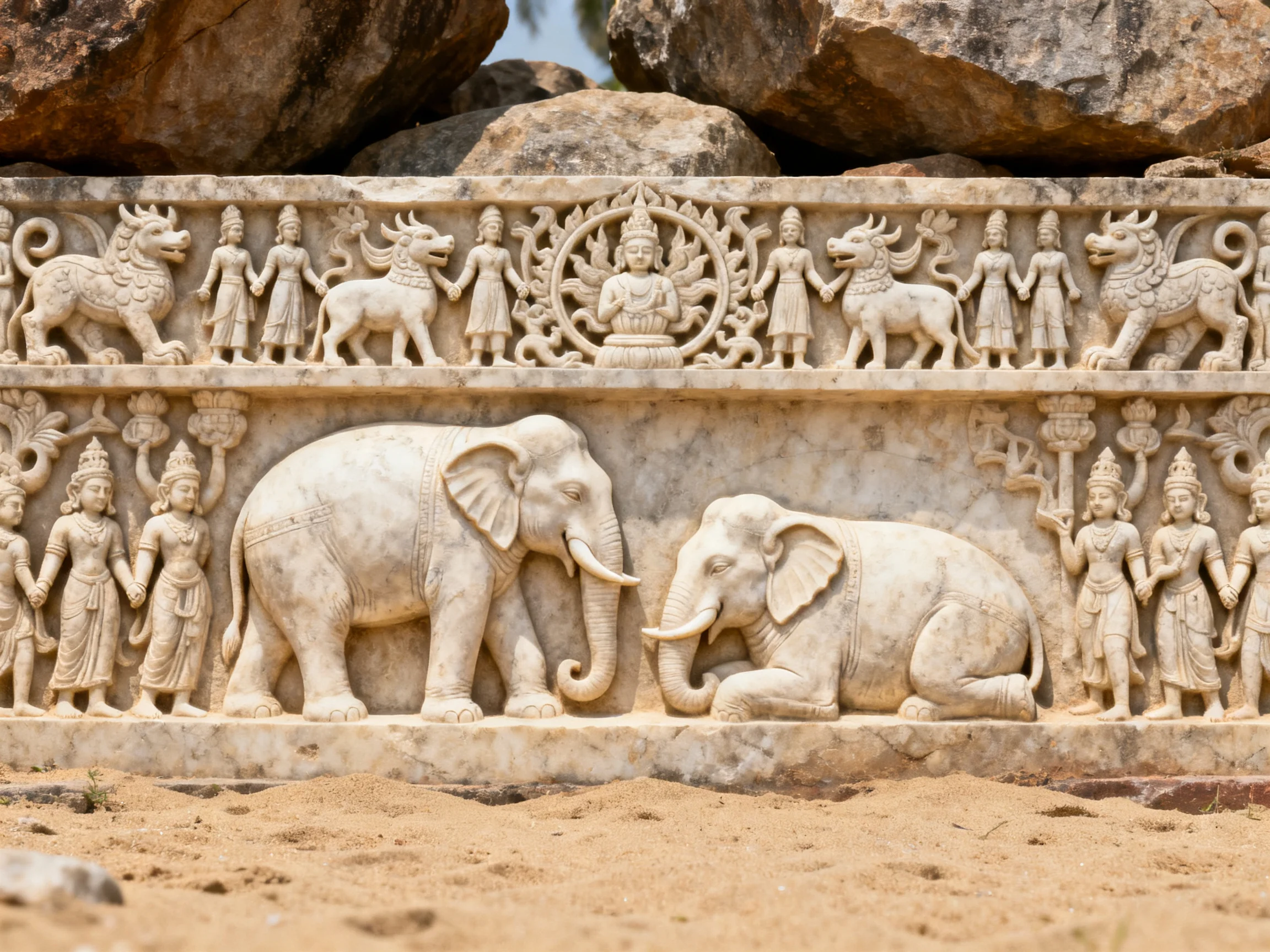 Ancient Stone Carvings of Elephants, Deities, and Human Figures Near Large Rocks