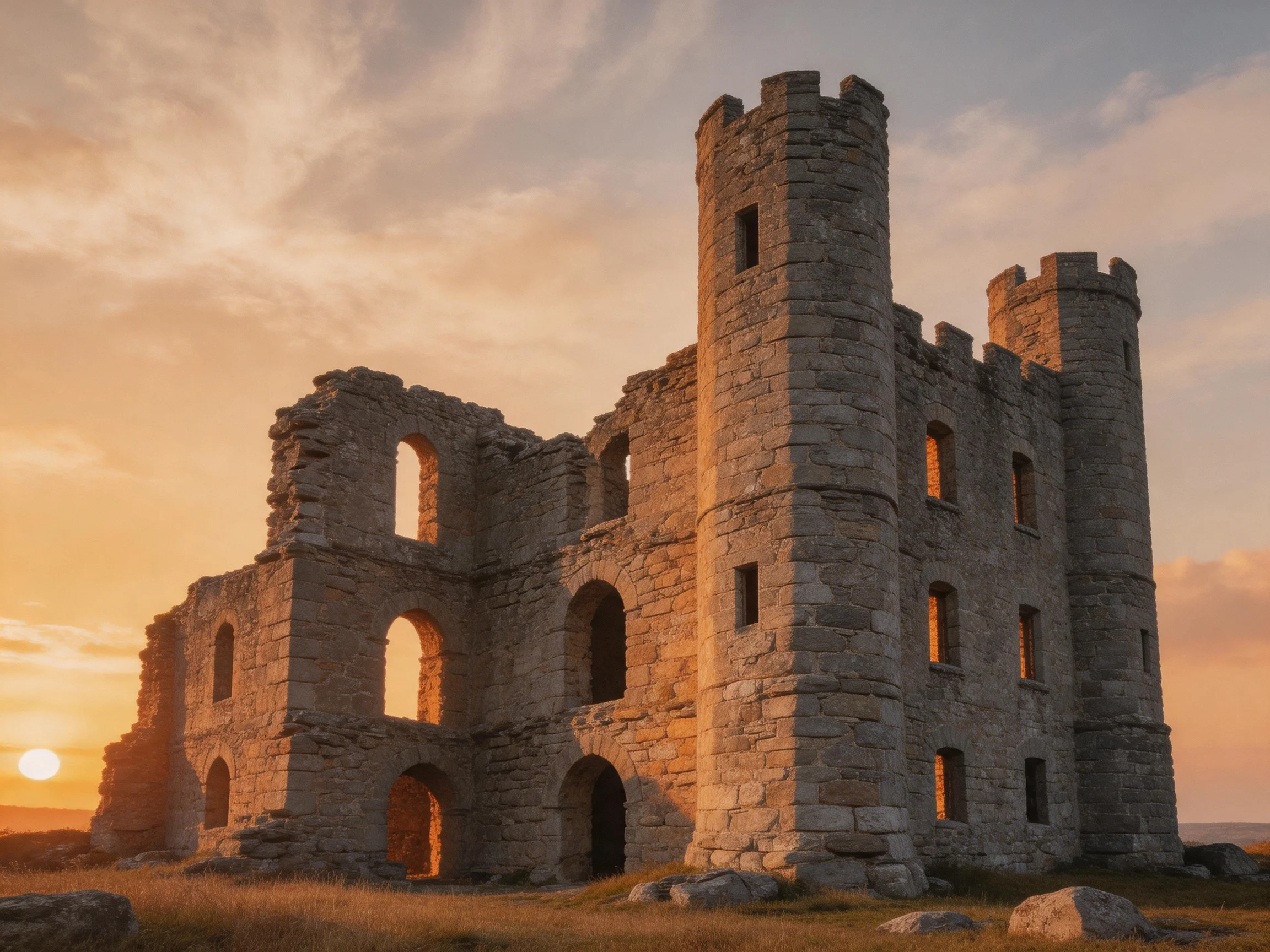 Ancient Stone Castle Ruins Illuminated by Golden Sunset