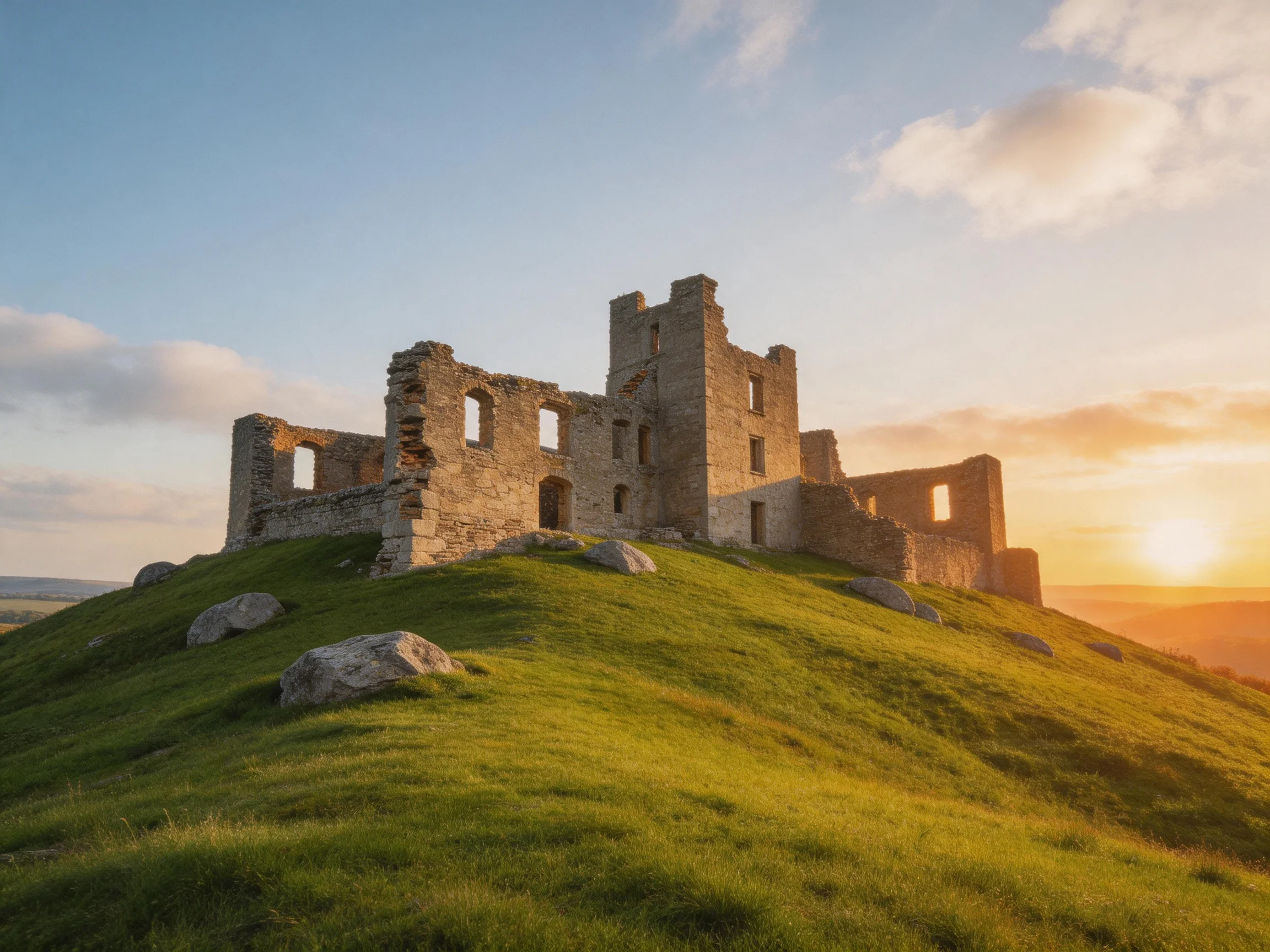 Ancient Stone Castle Ruins on a Sunlit Green Hilltop