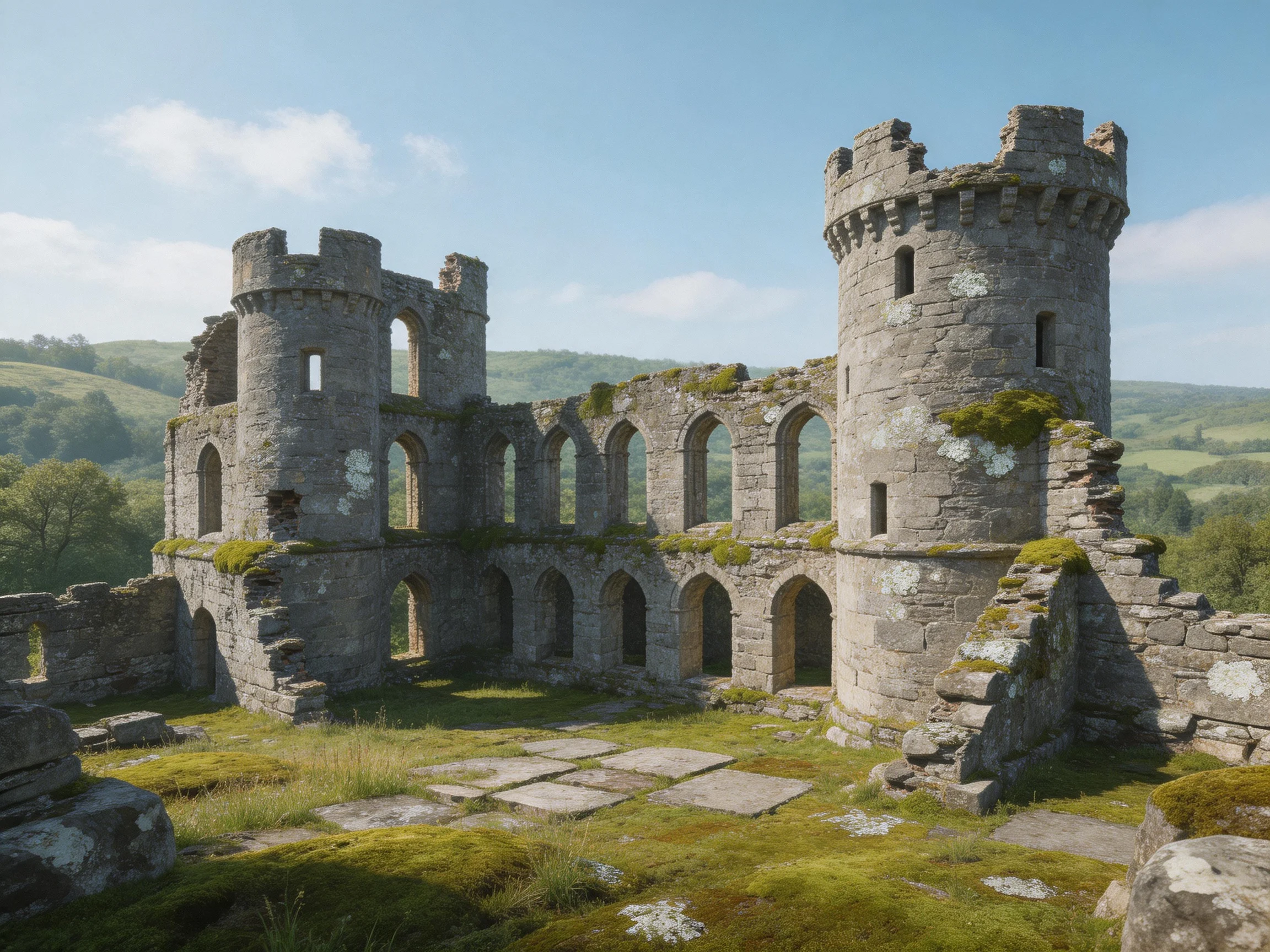 Ancient Stone Castle Ruins with Moss-Covered Towers and Rolling Green Hills