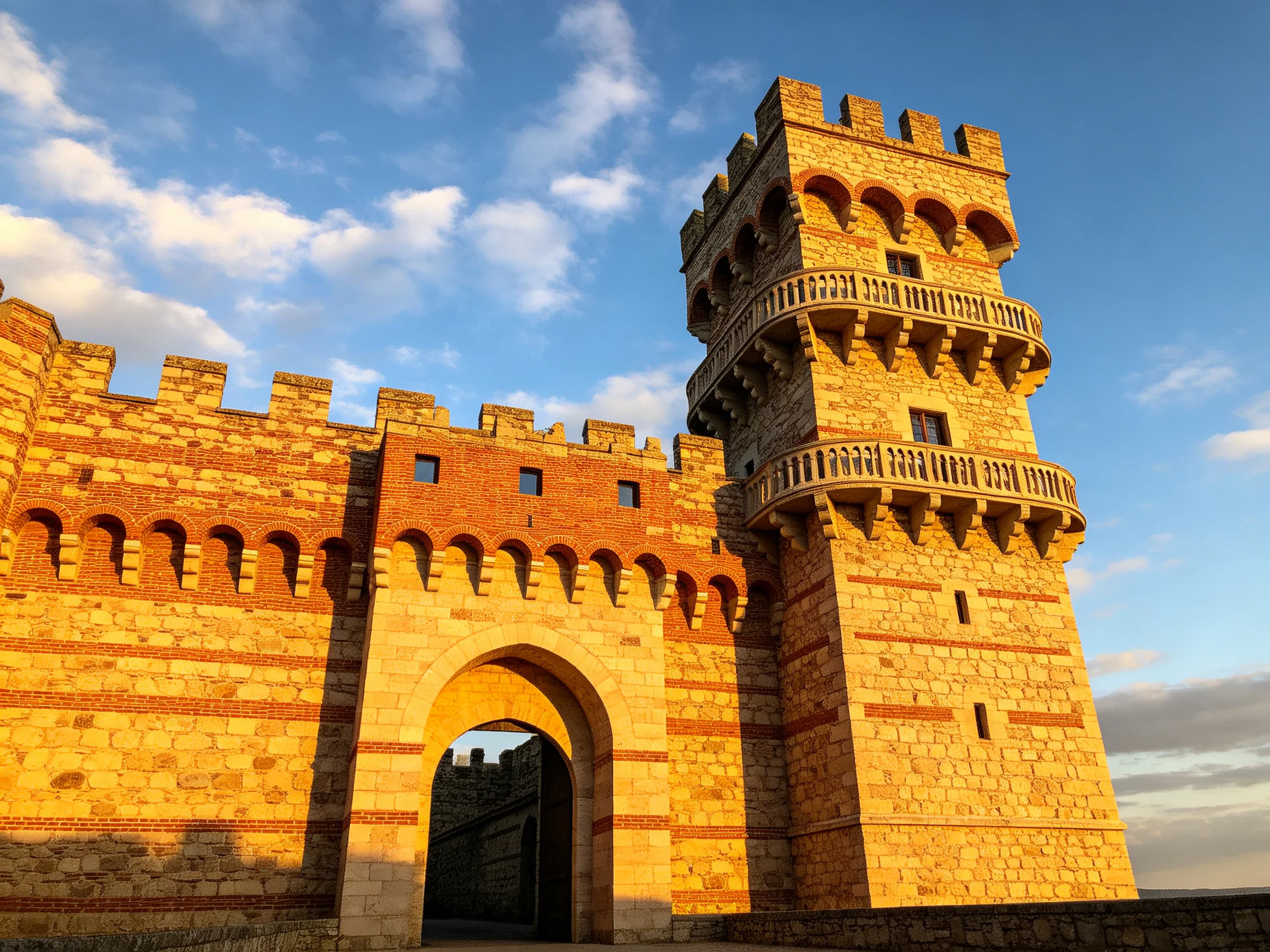 Ancient Stone Castle Tower with Arched Gateway Under Golden Light