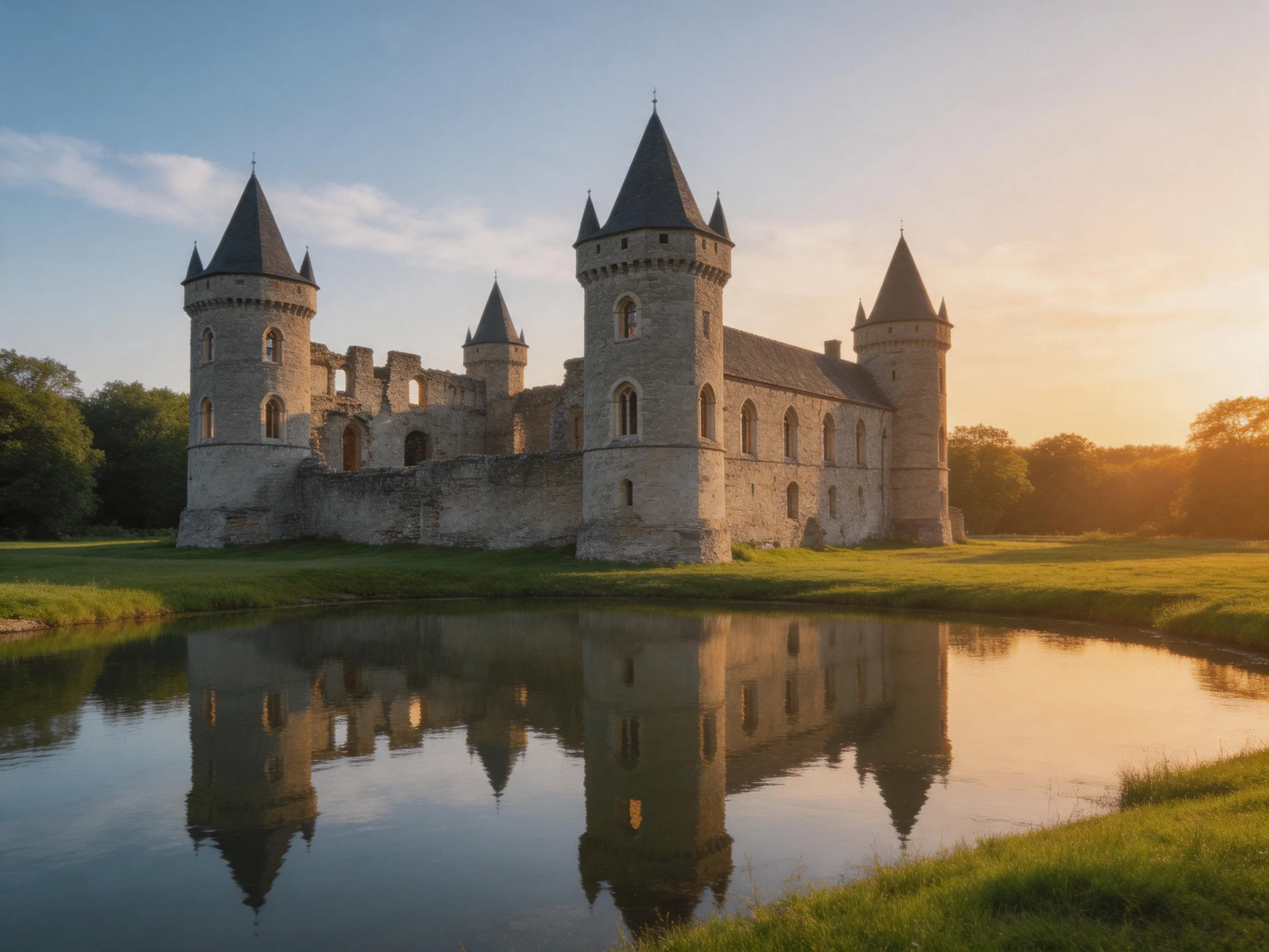 Ancient Stone Castle with Four Towers Reflecting in a Pond at Sunset