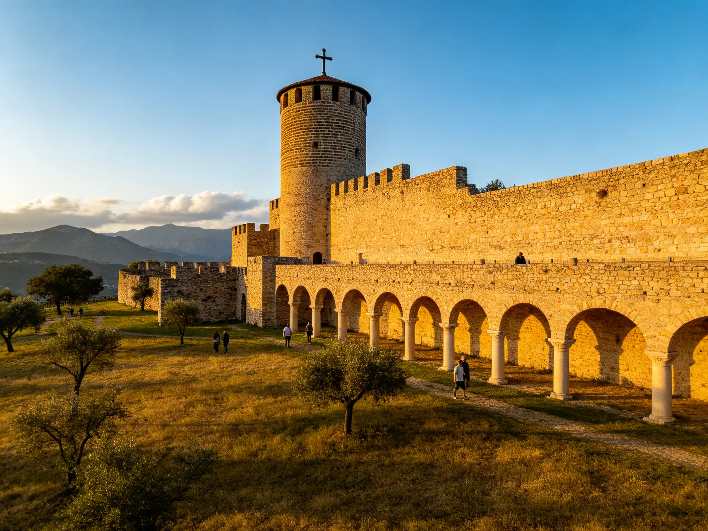 Ancient Stone Castle with Golden Walls and Tower Under Sunset