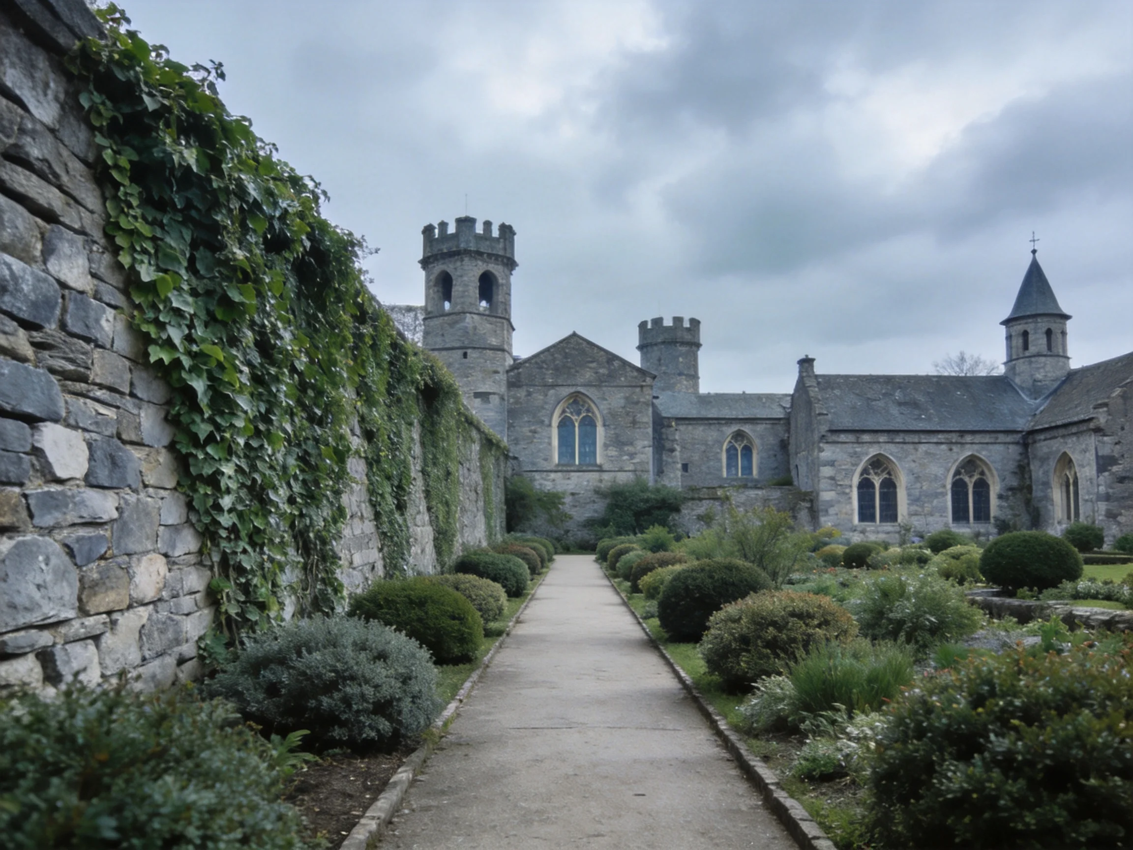 Ancient Stone Castle with Ivy-Covered Walls and Formal Garden