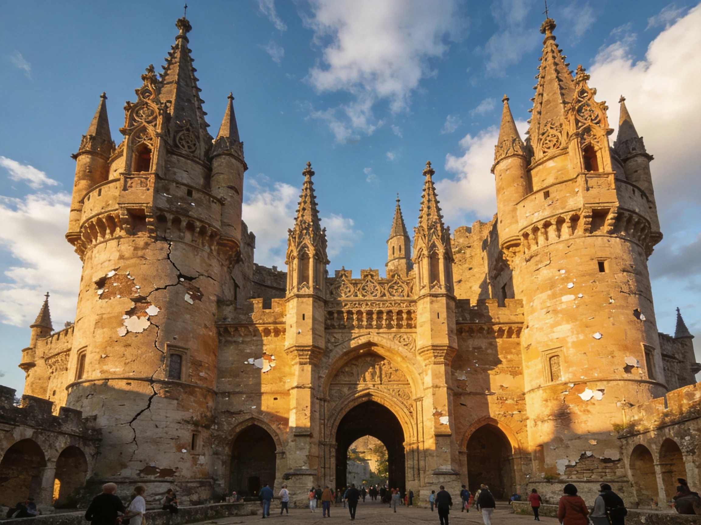 Ancient Stone Castle with Towering Towers and Arched Entrances