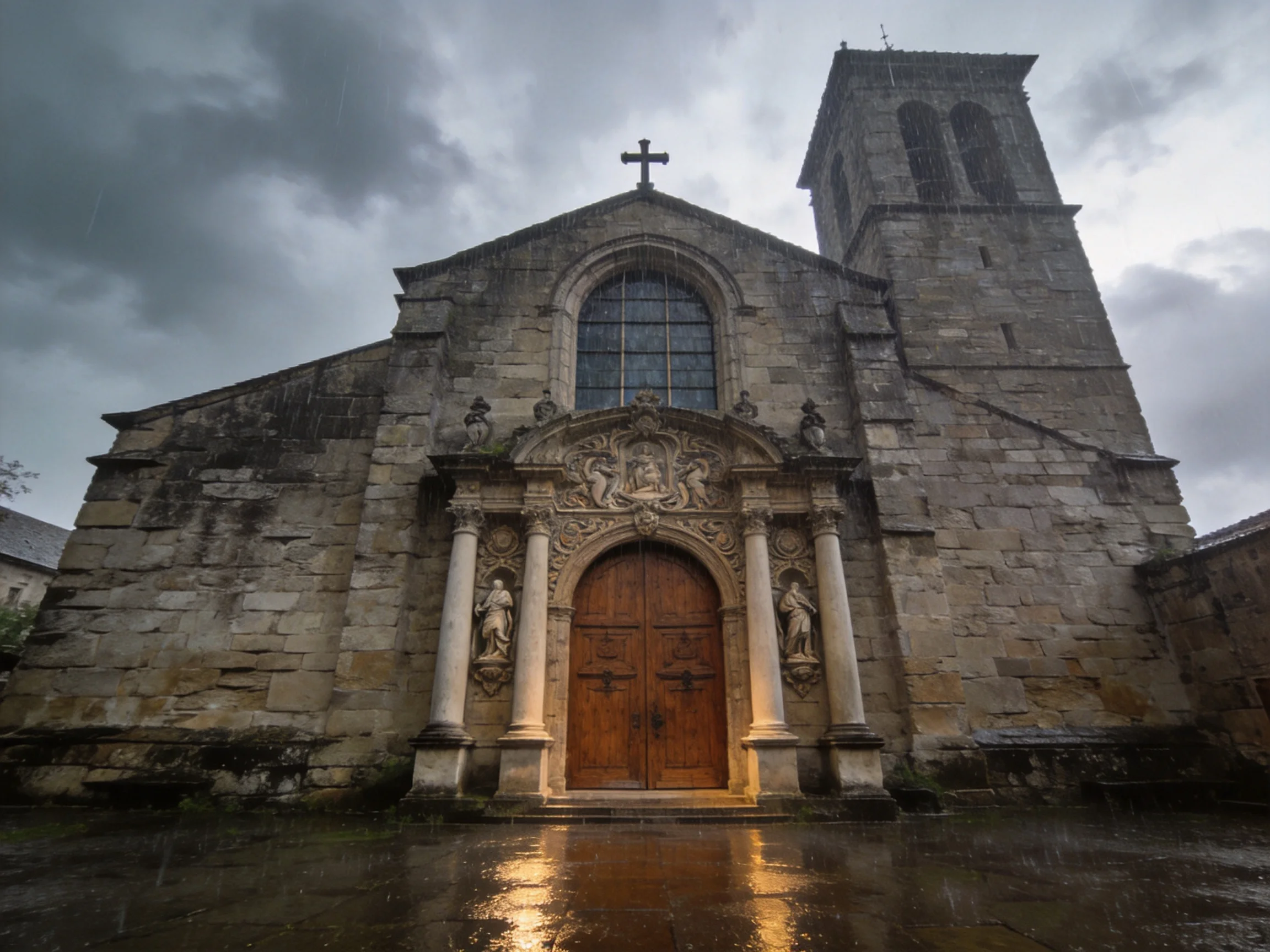 Ancient Stone Church with Ornate Entrance Under Stormy Skies