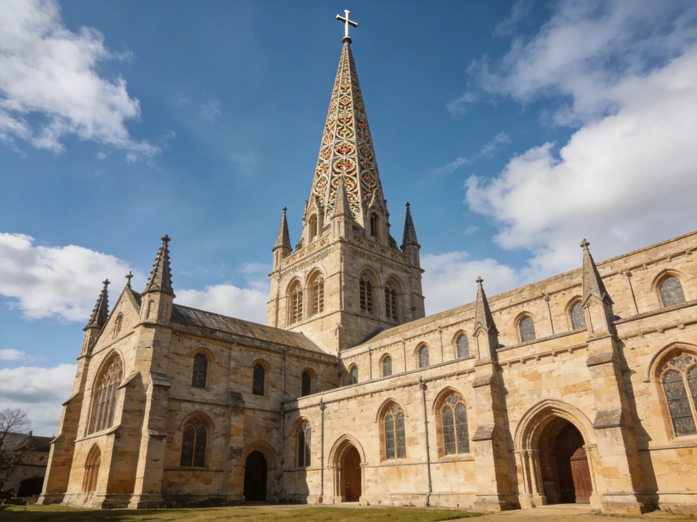Ancient Stone Church with Ornate Spire Under Clear Blue Sky
