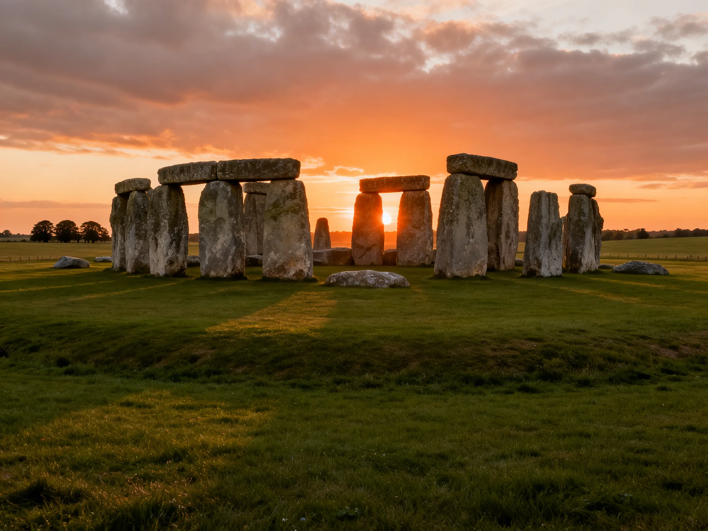 Ancient Stone Circle at Sunset: Massive Monoliths Under Vibrant Sky