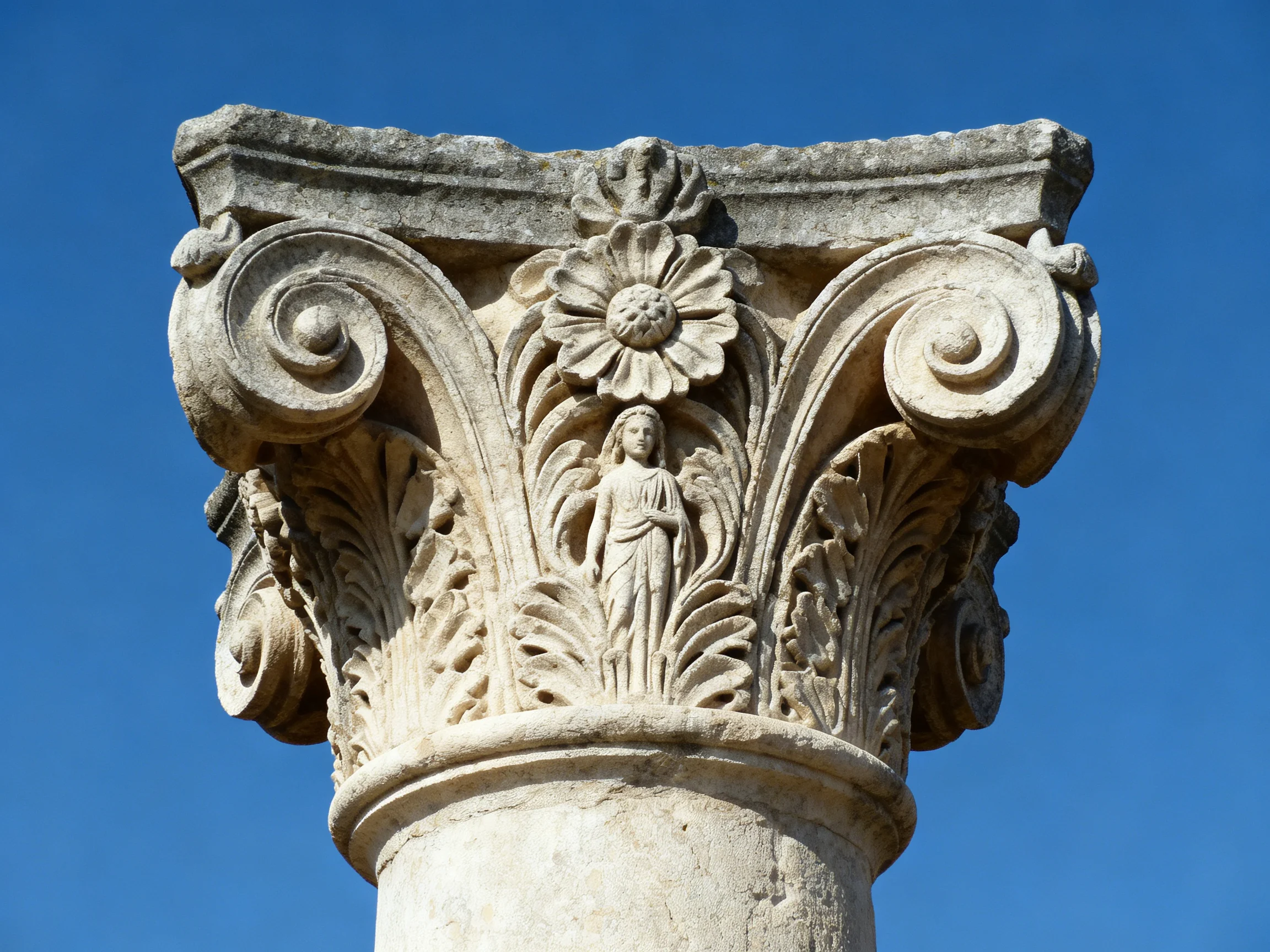 Ancient Stone Column Capital with Intricate Carvings Under Clear Blue Sky