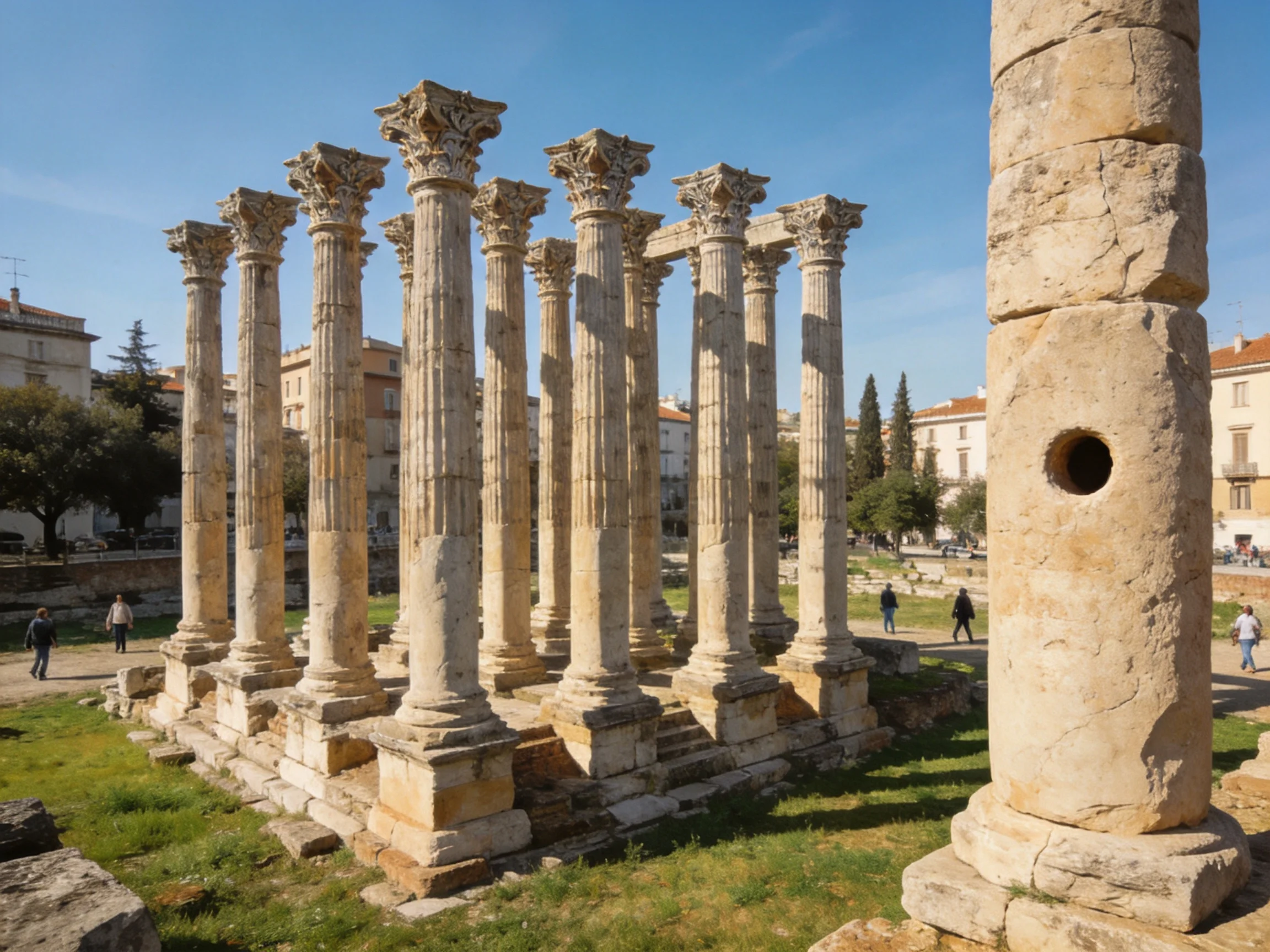 Ancient Stone Column Ruins with Weathered Surfaces and Clear Blue Sky
