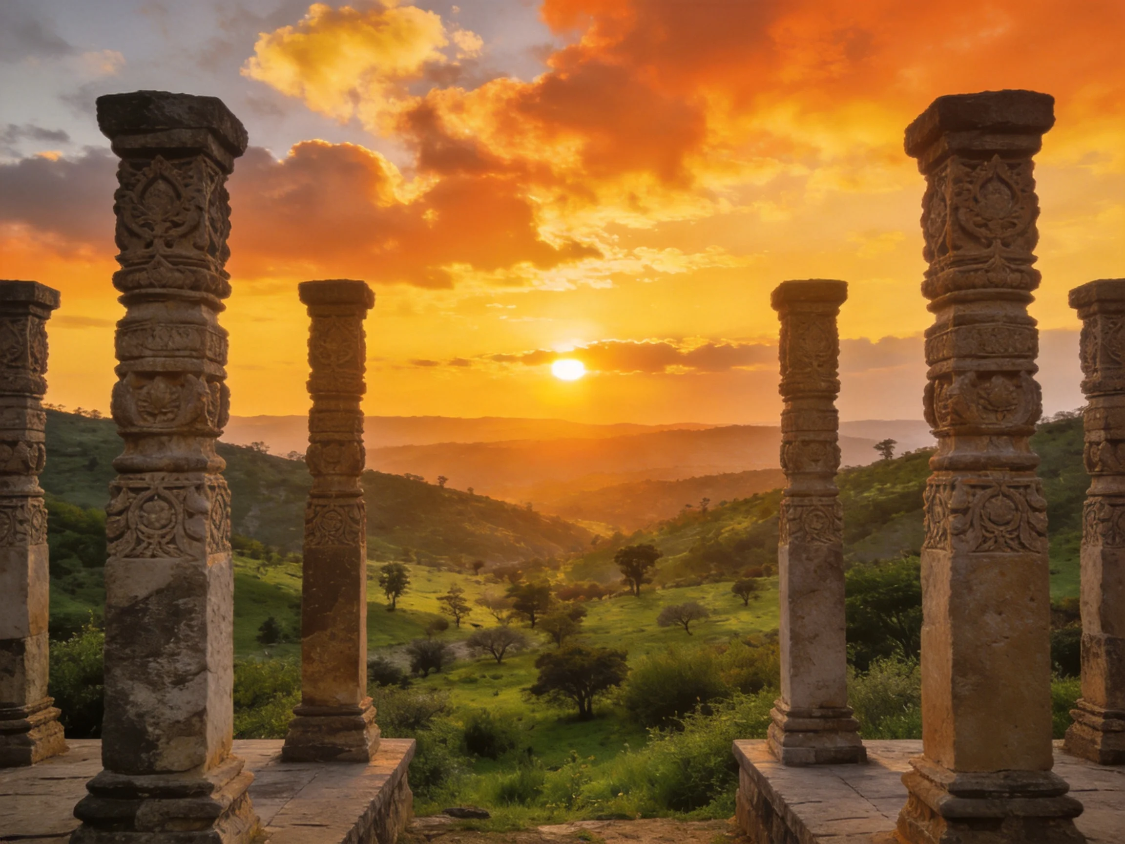 Ancient Stone Columns Against Vibrant Sunset Over Rolling Hills