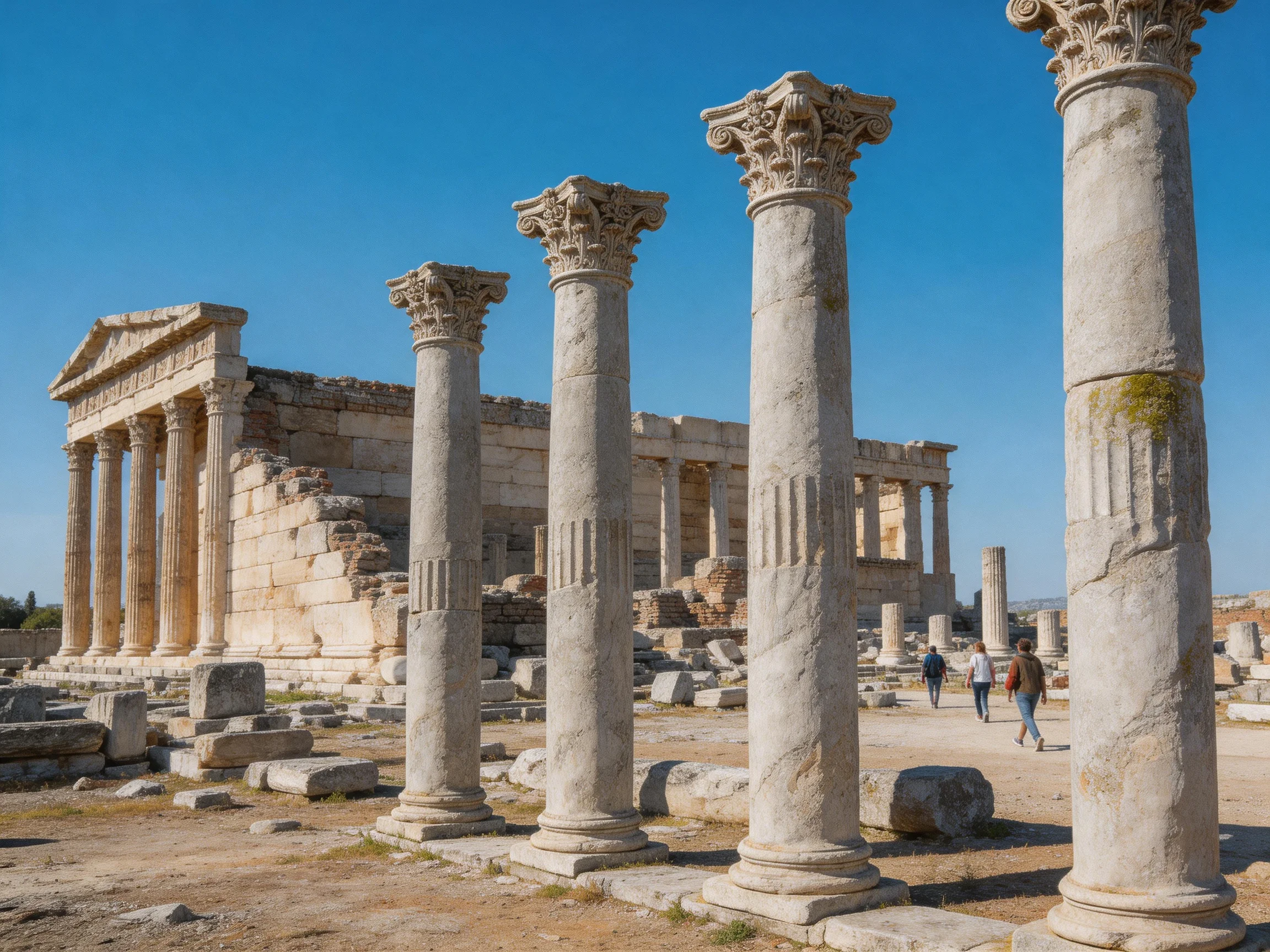 Ancient Stone Columns and Ruined Temple Under Clear Blue Sky