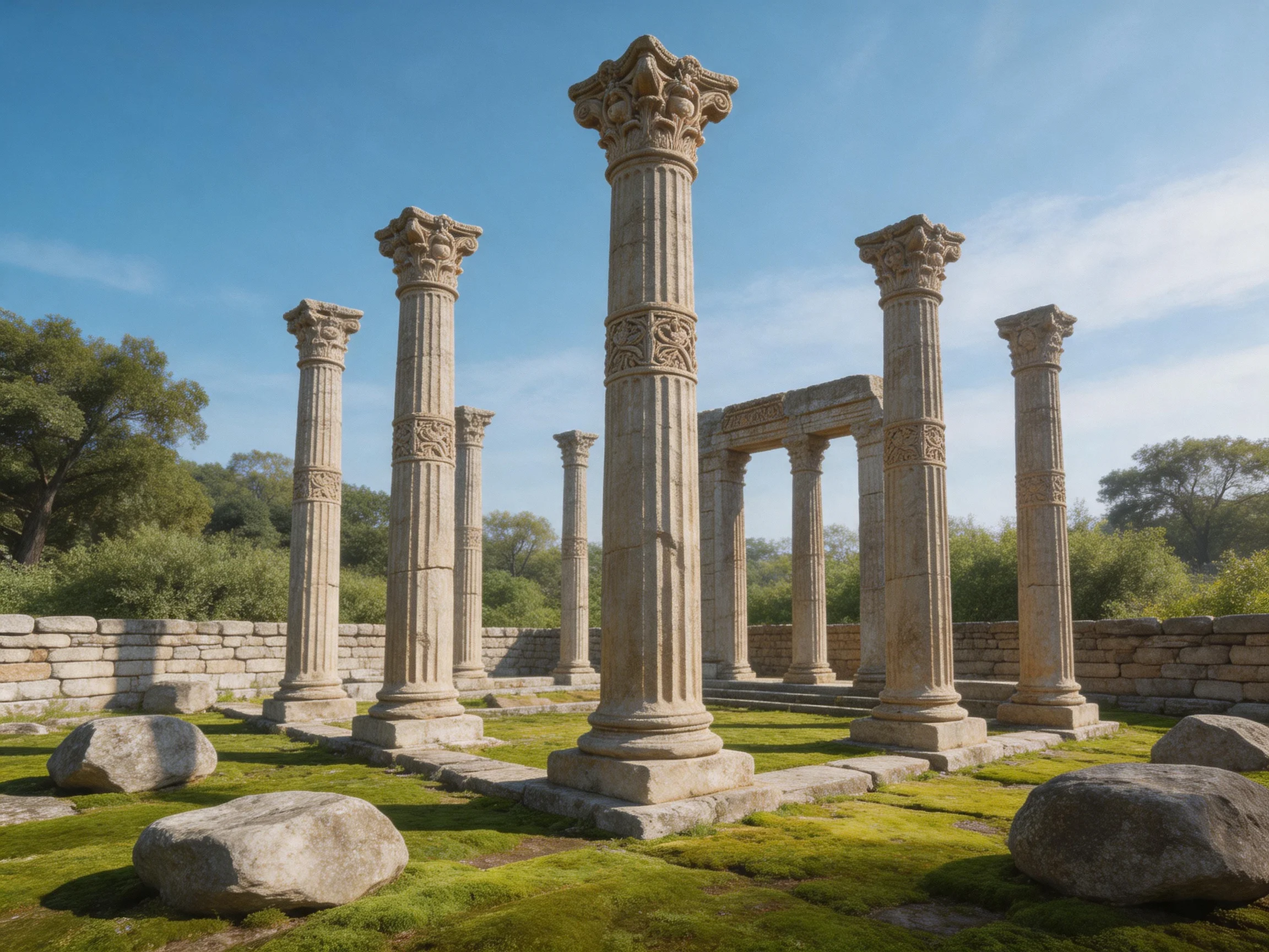 Ancient Stone Columns with Carvings in a Moss-Covered Ruin Site