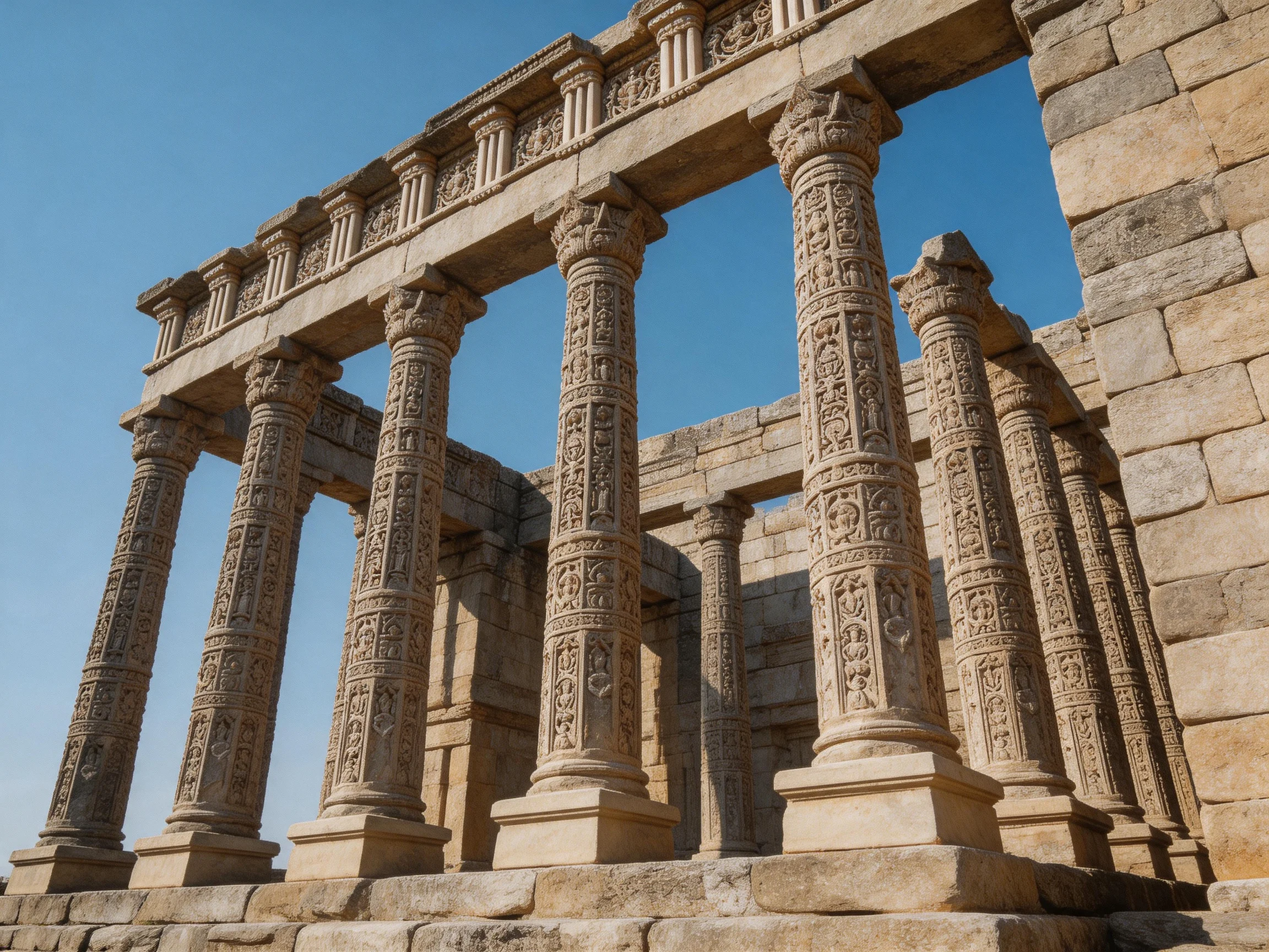 Ancient Stone Columns with Intricate Carvings Under Clear Blue Sky
