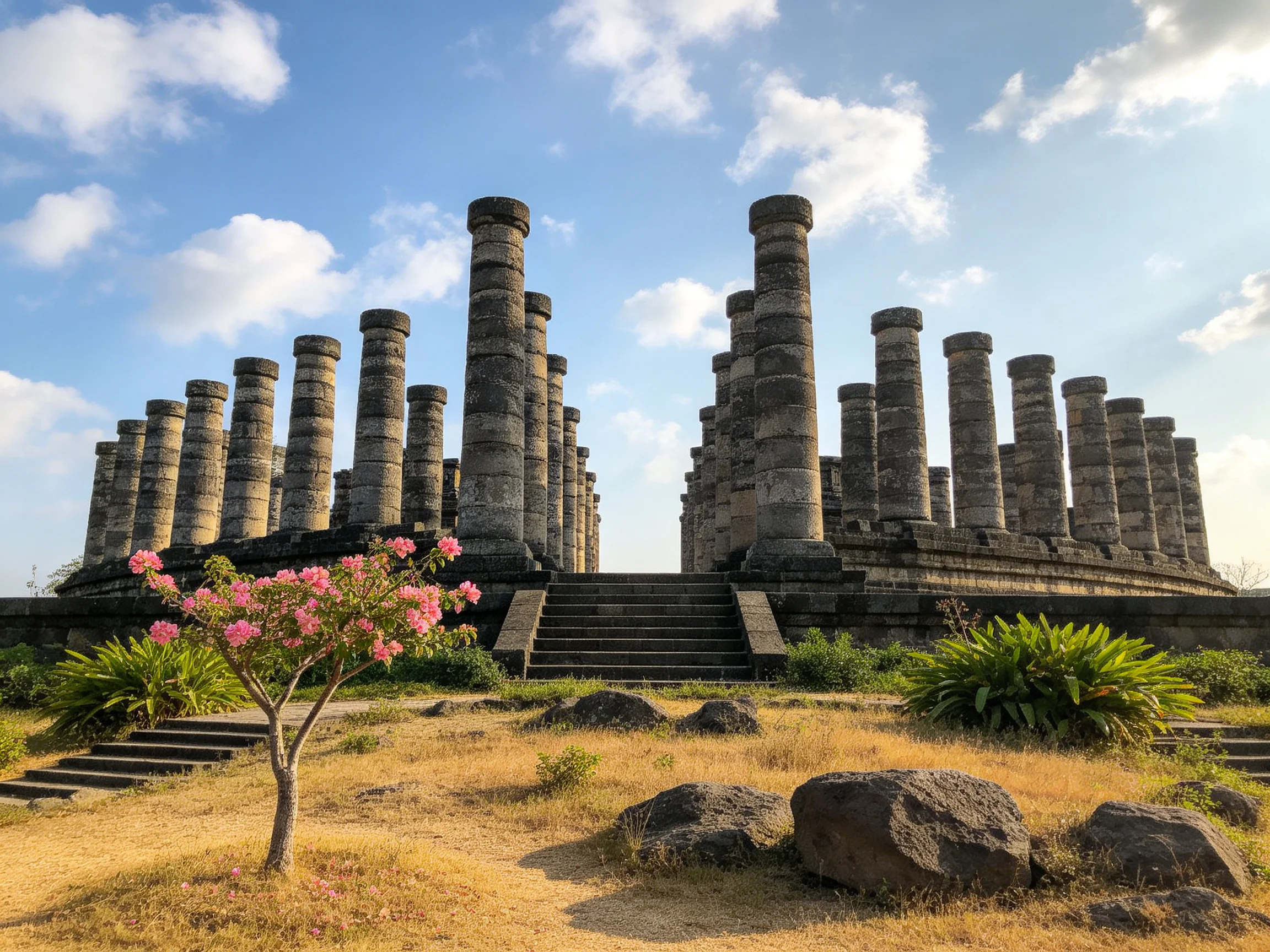 Ancient Stone Columns with Pink Flowers Under Blue Sky