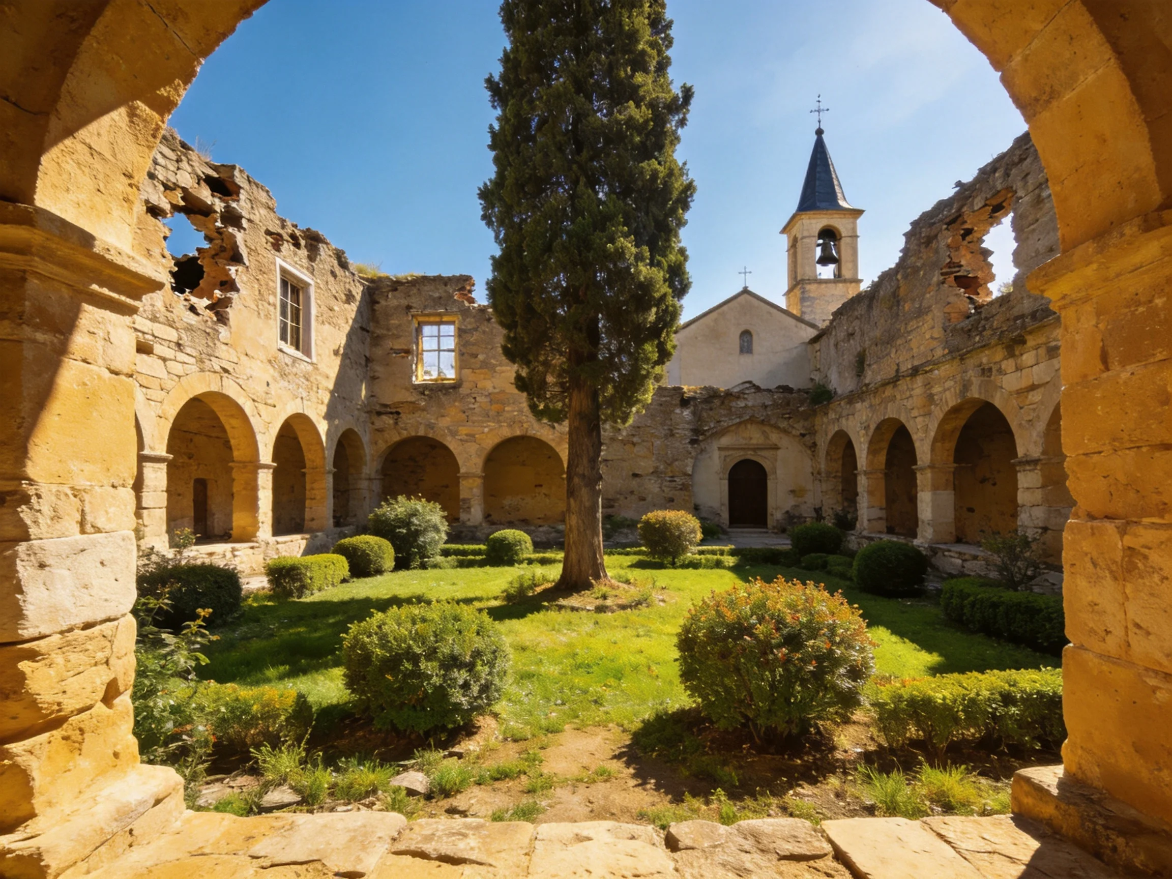 Ancient Stone Courtyard With Arched Ruins and Central Tree