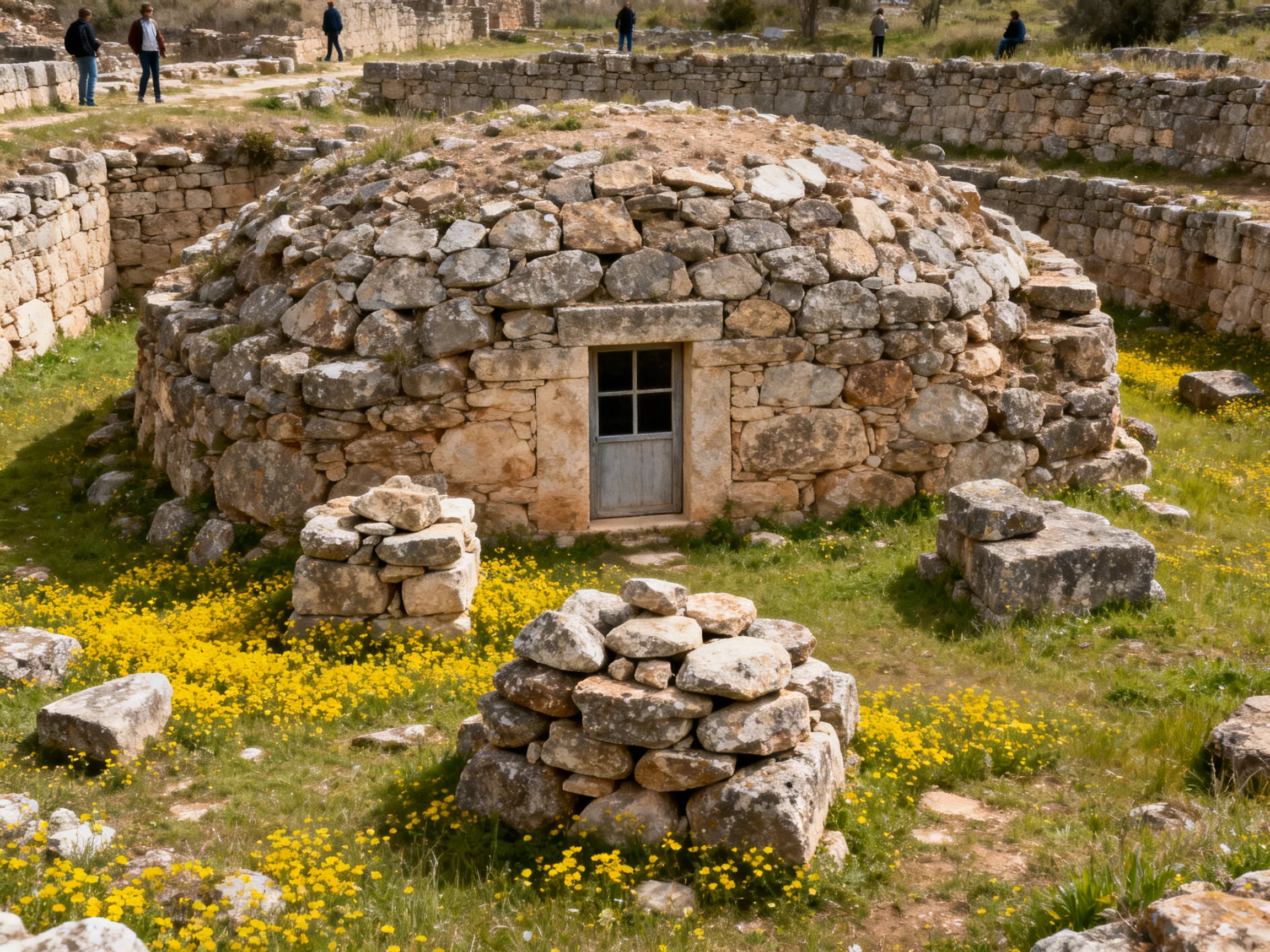 Ancient Stone Dome Surrounded by Ruined Walls and Yellow Flowers