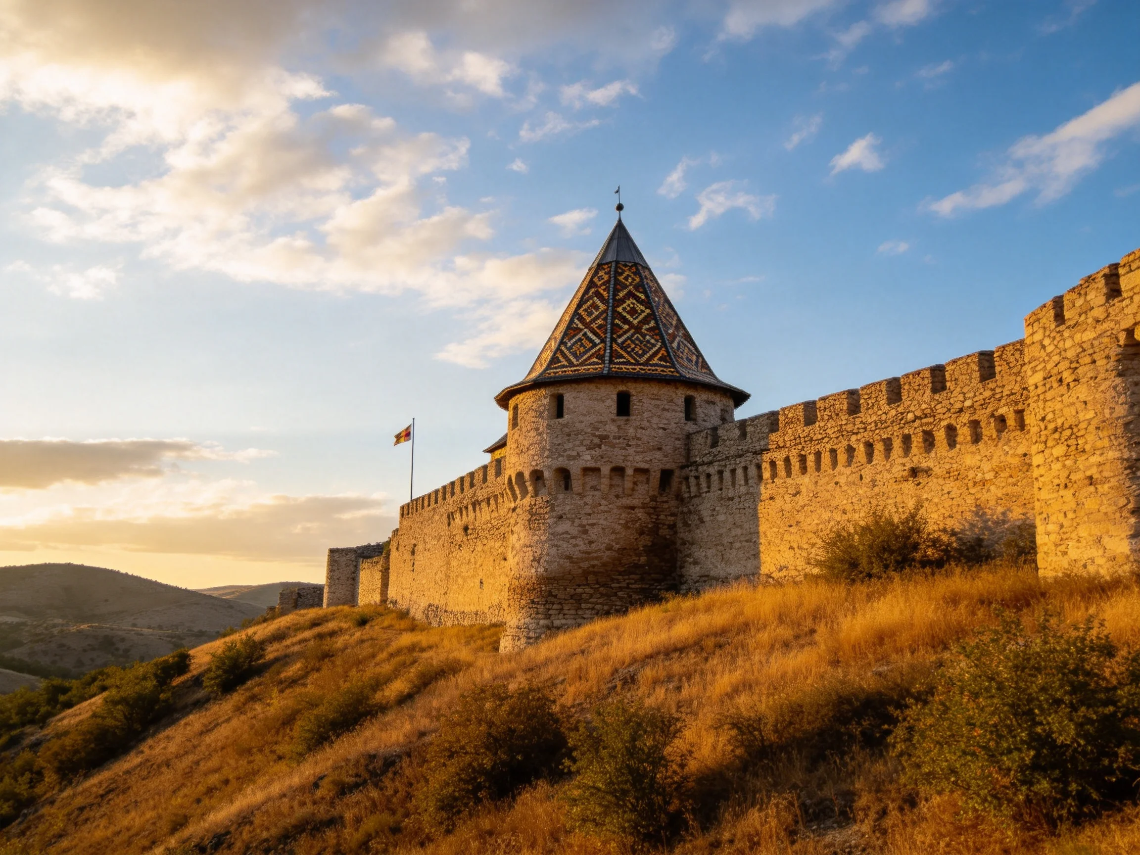 Ancient Stone Fortress with Cone-Topped Tower Under Golden Sunset