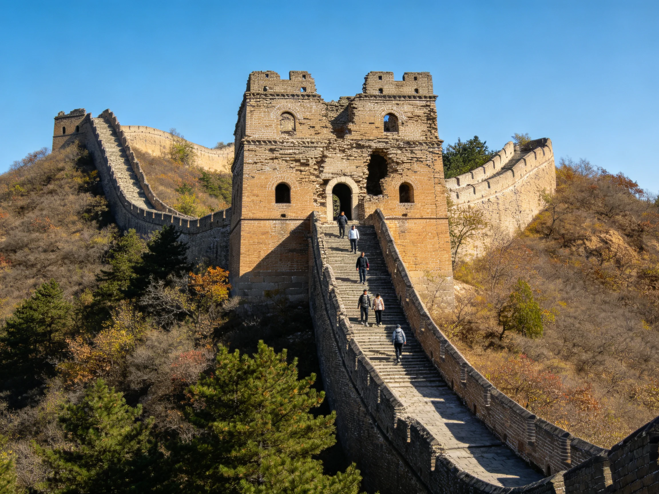 Ancient Stone Great Wall Tower with Visitors Under Clear Blue Sky