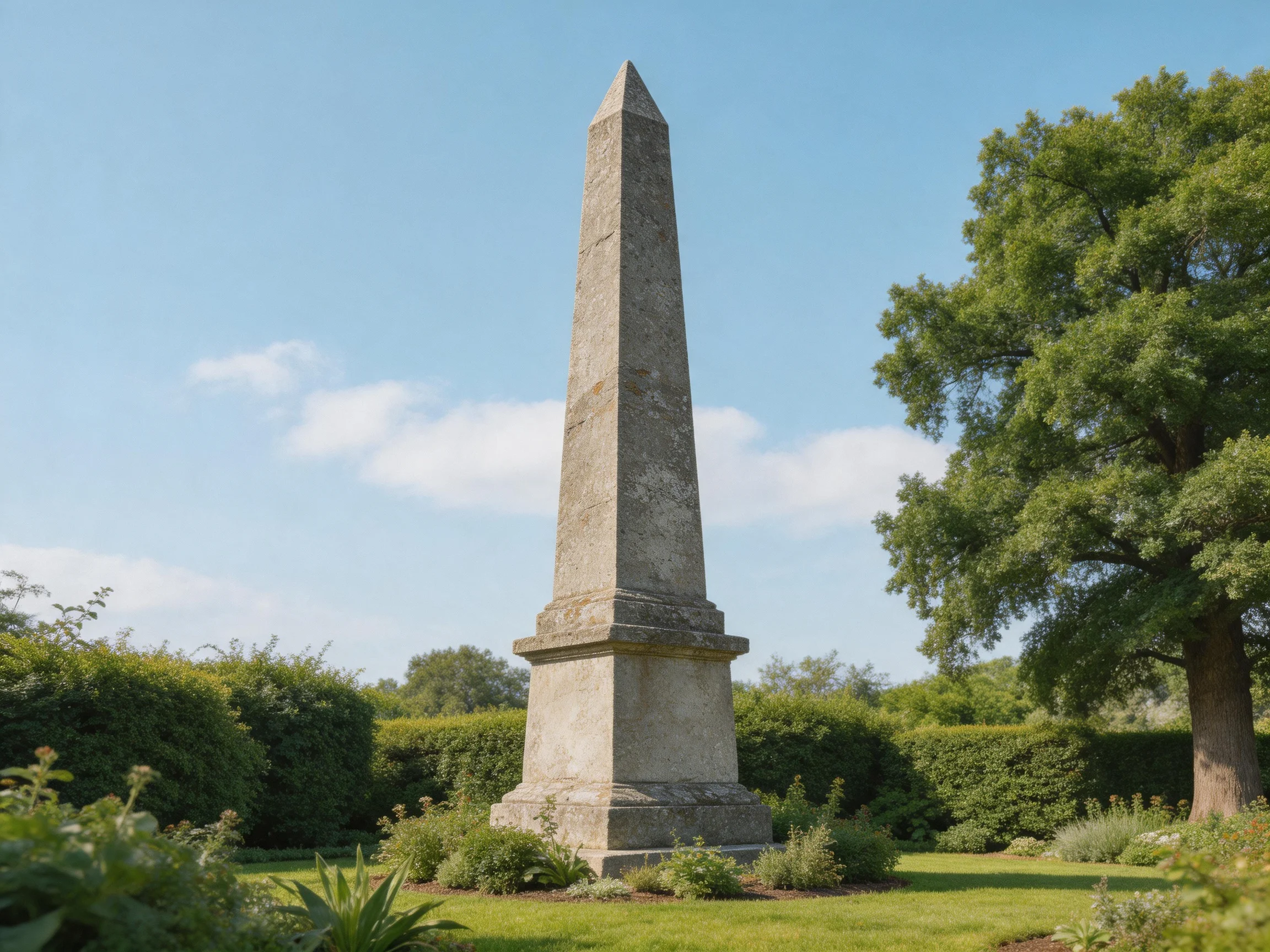Ancient Stone Obelisk in Lush Garden Environment