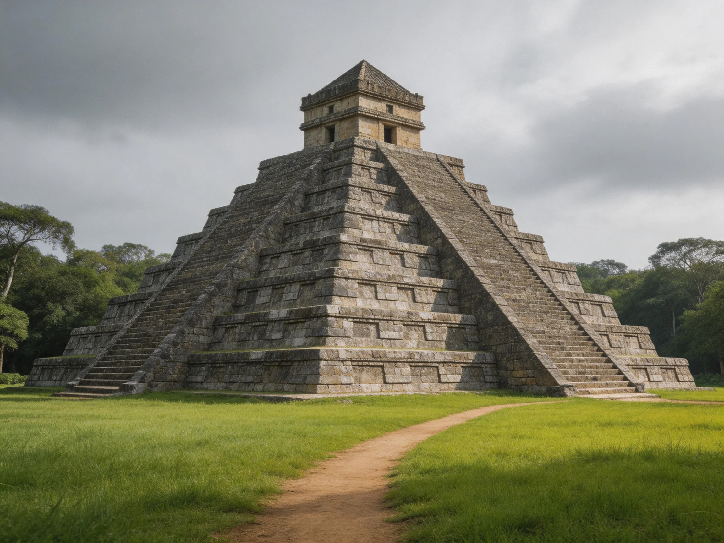 Ancient Stone Pyramid Amidst Lush Green Fields