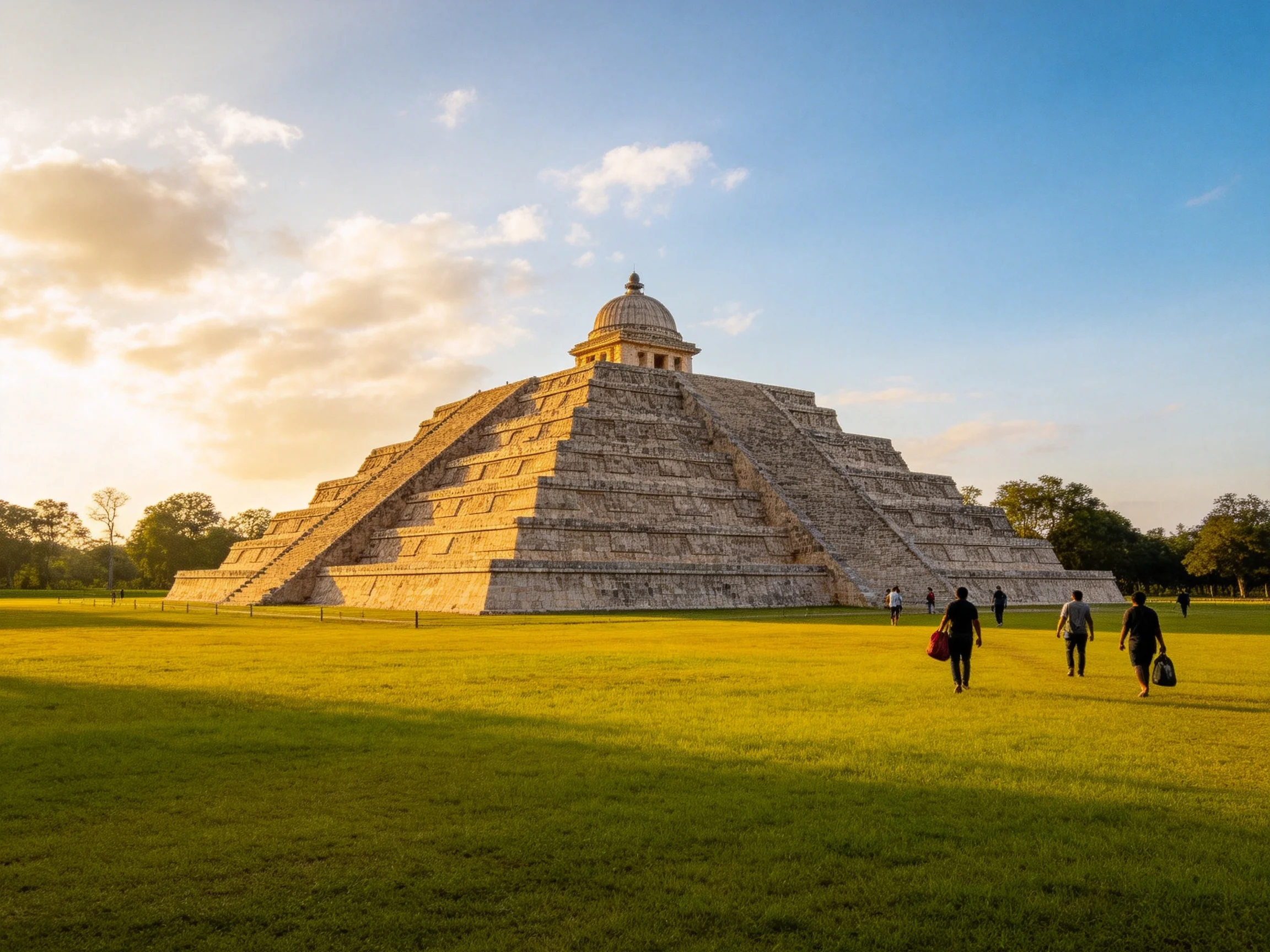 Ancient Stone Pyramid with Green Field and Blue Sky