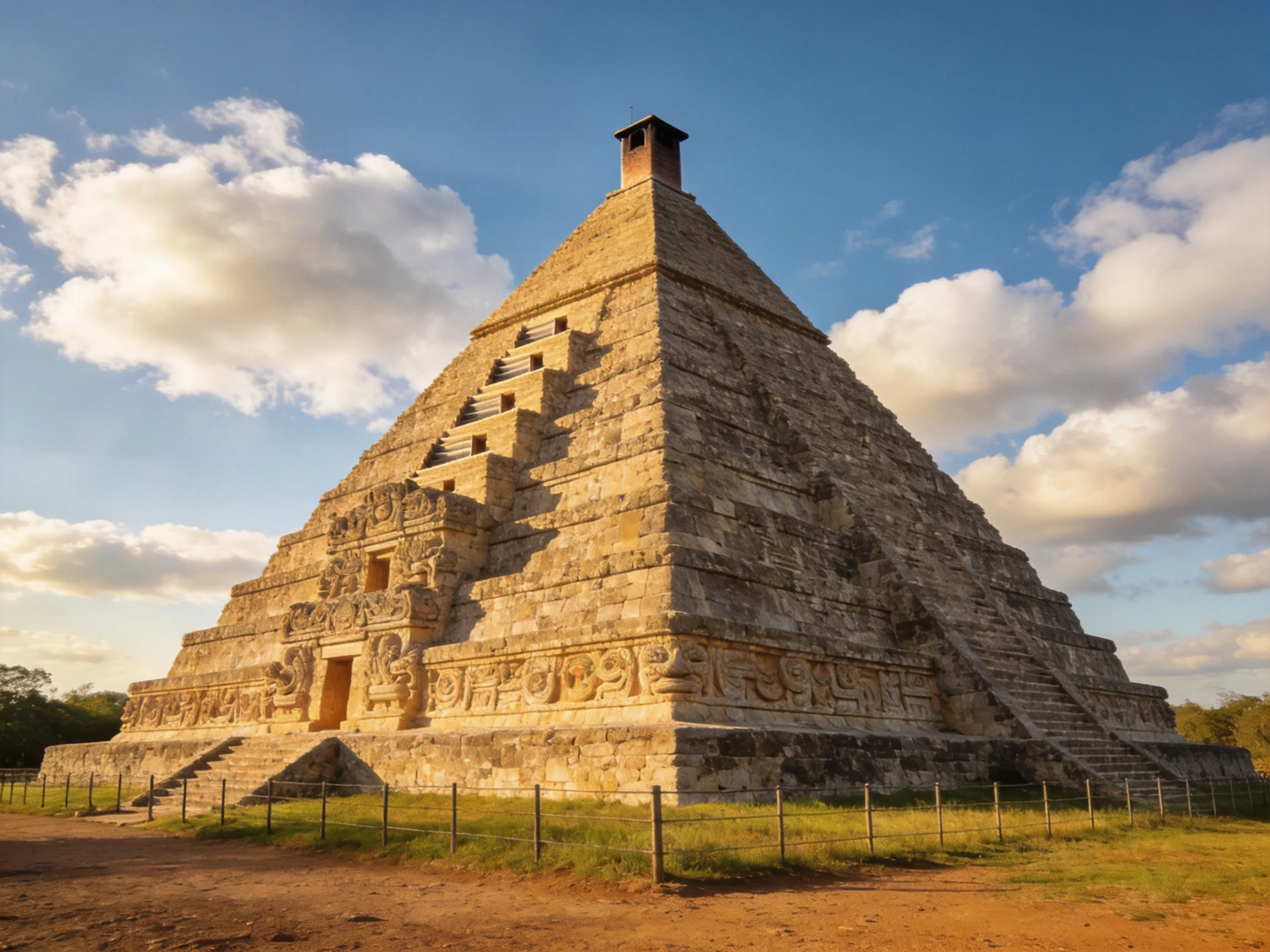 Ancient Stone Pyramid with Intricate Carvings Under a Bright Sky