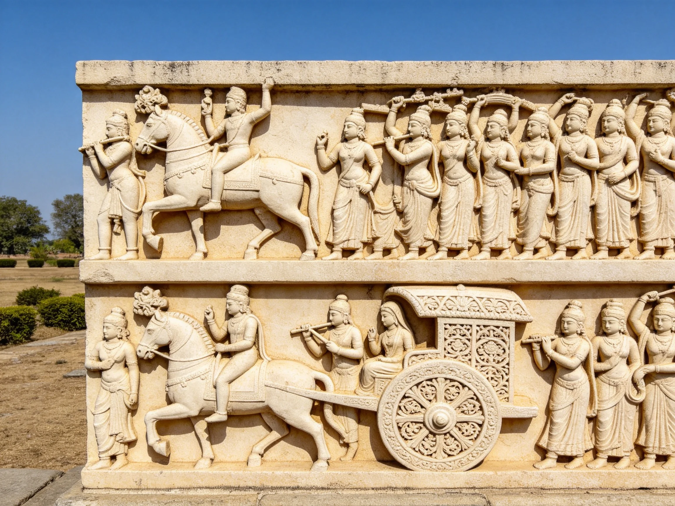 Ancient Stone Relief Sculpture with Horse-Drawn Chariot Scenes