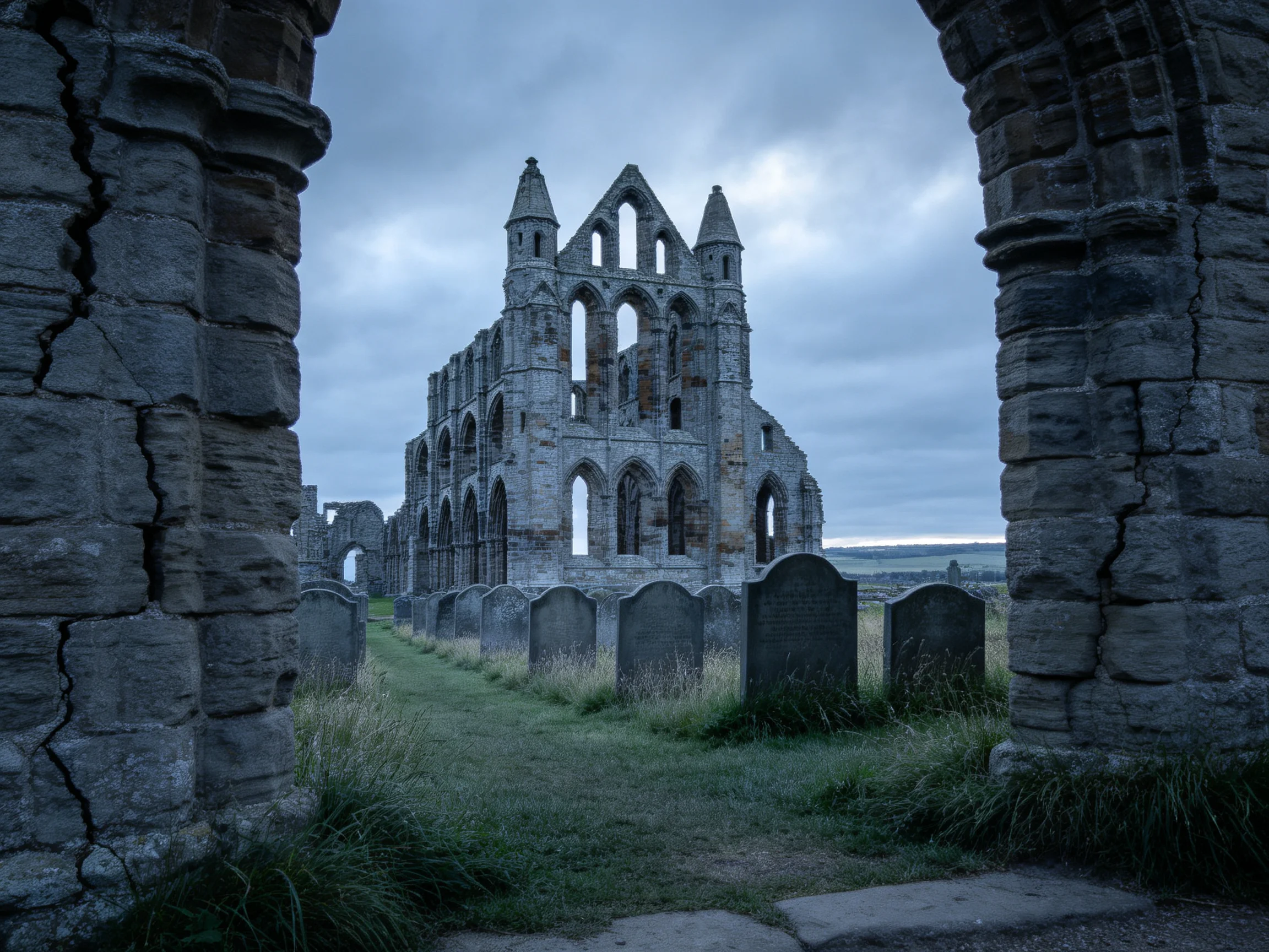 Ancient Stone Ruin with Arched Frames and Gray Tombstones