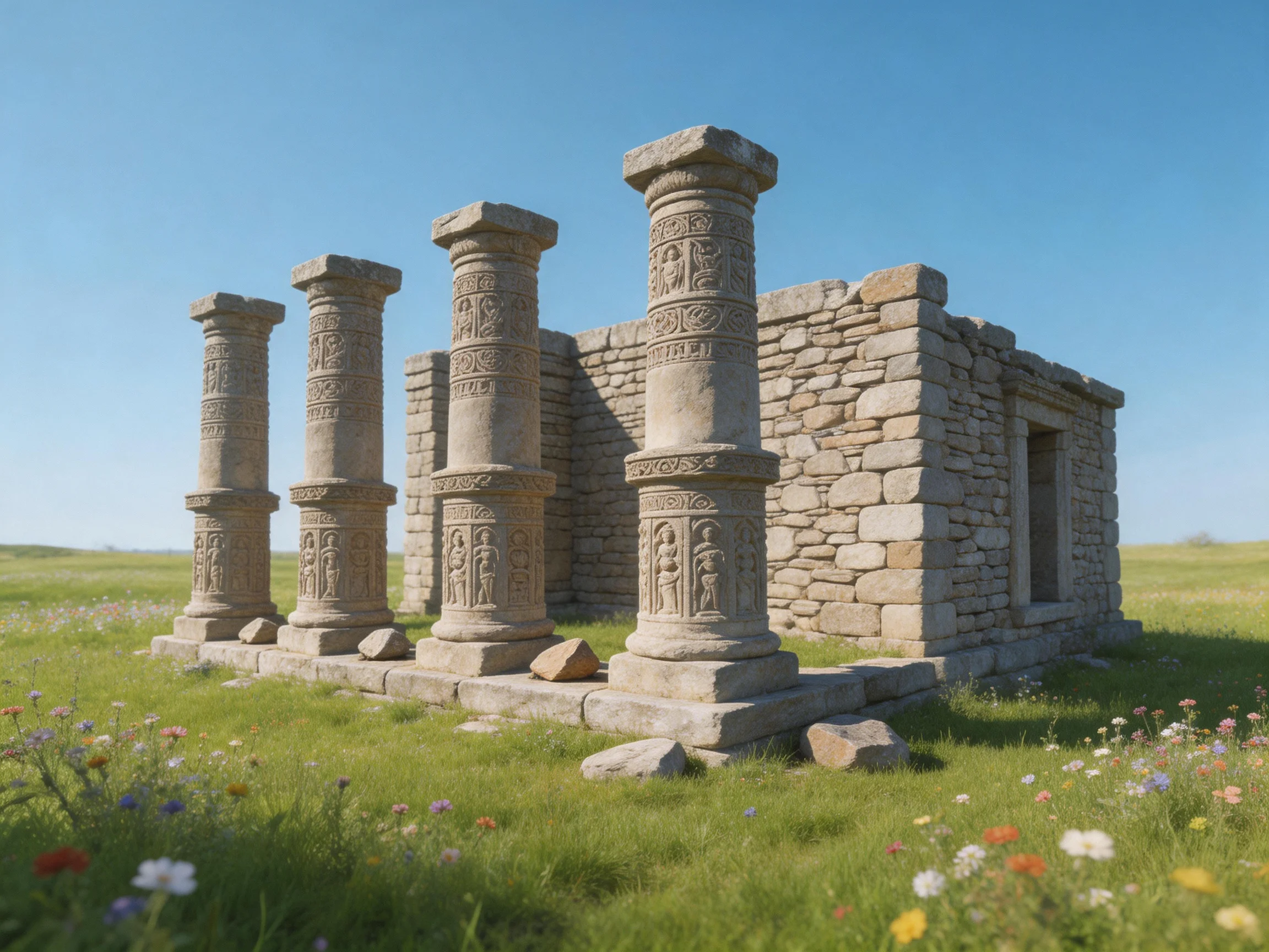 Ancient Stone Ruin with Four Carved Columns in a Green Meadow