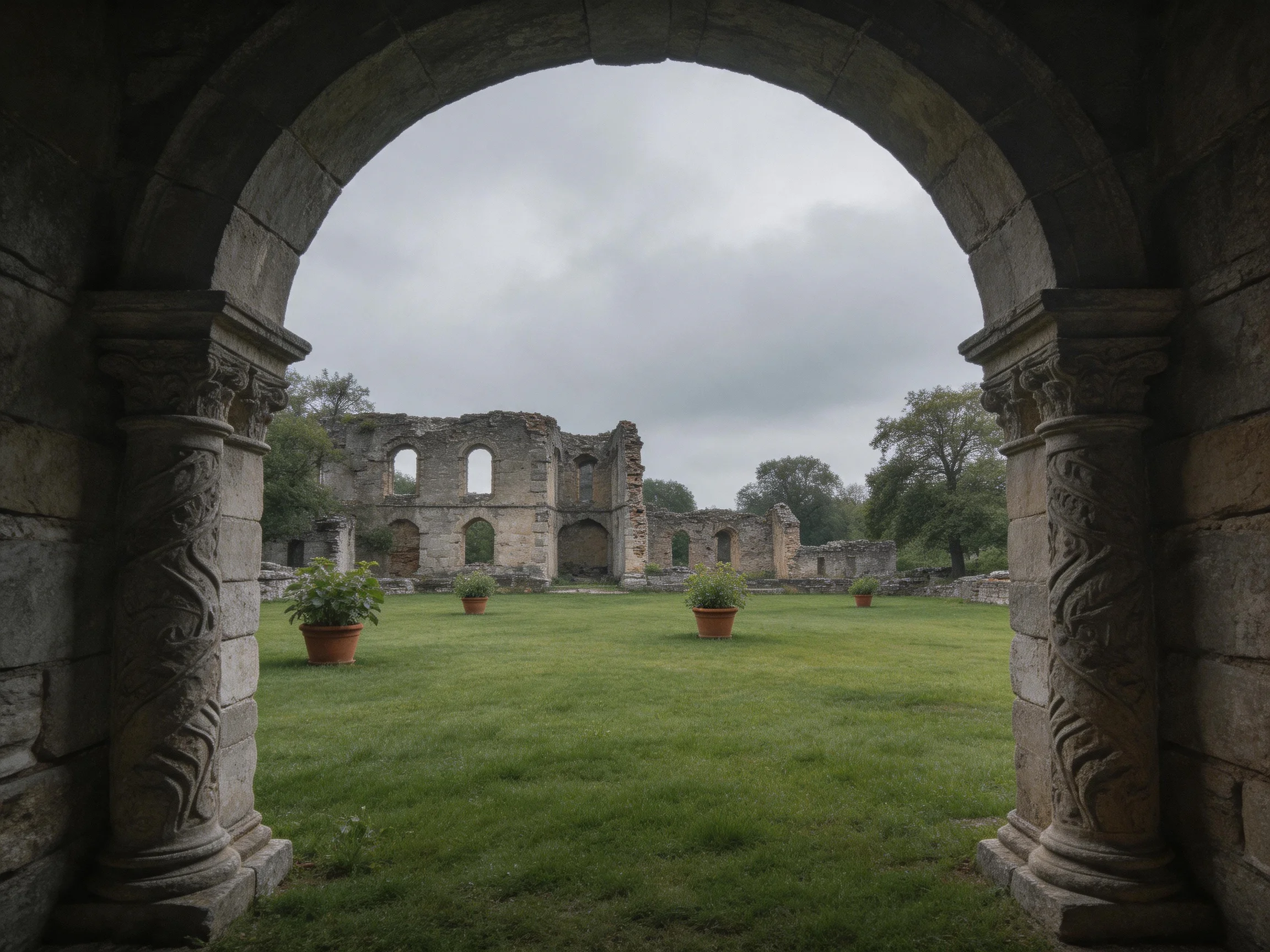 Ancient Stone Ruins Framed by Ornate Arched Gateway