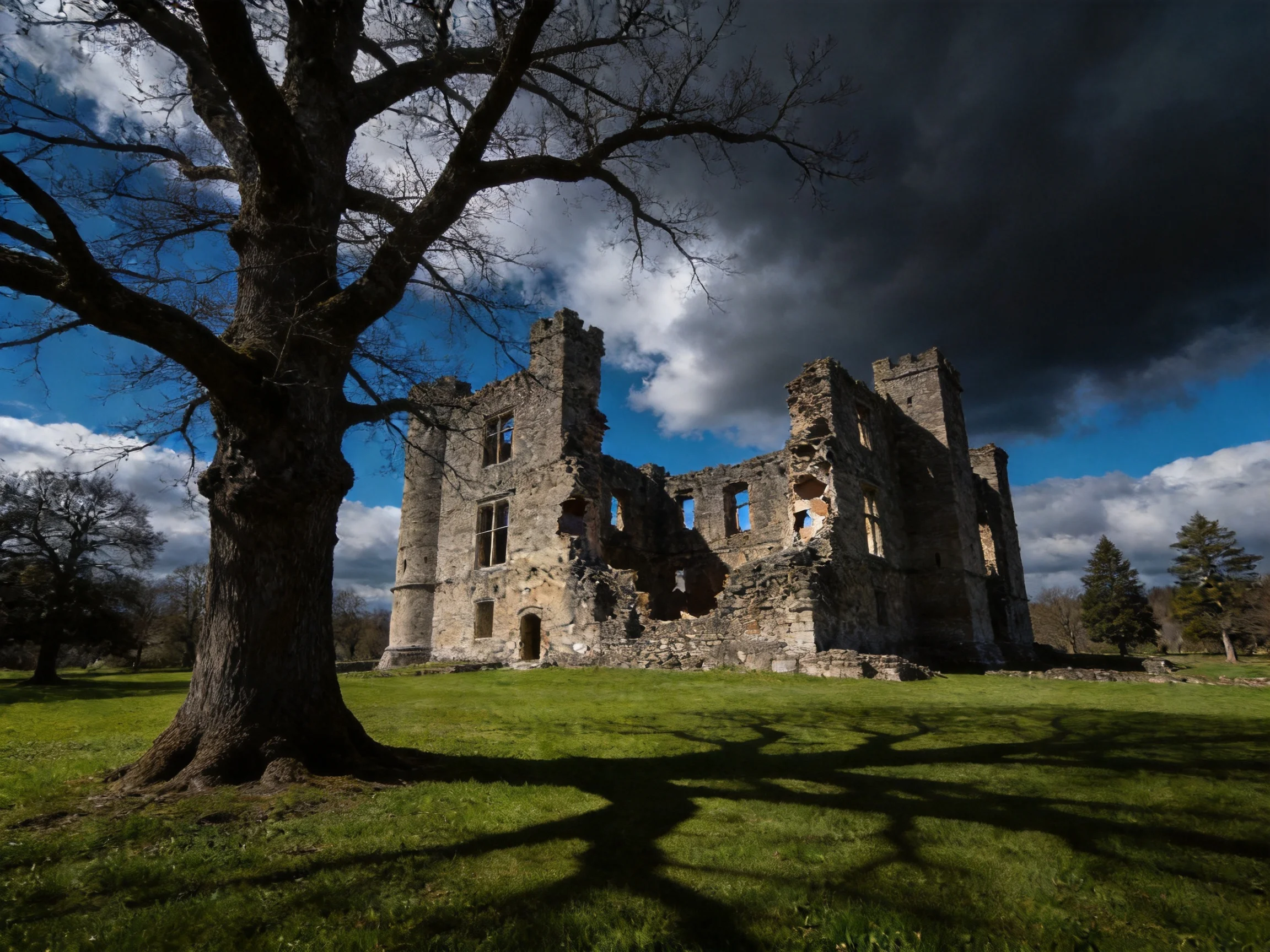 Ancient Stone Ruins Near Giant Tree Under Dramatic Sky