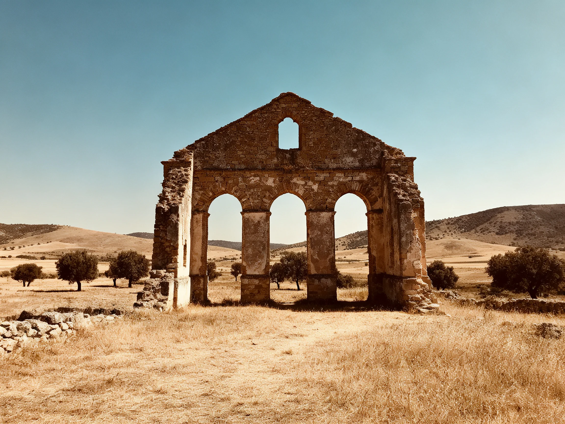 Ancient Stone Ruins With Three Arches In Arid Golden Fields