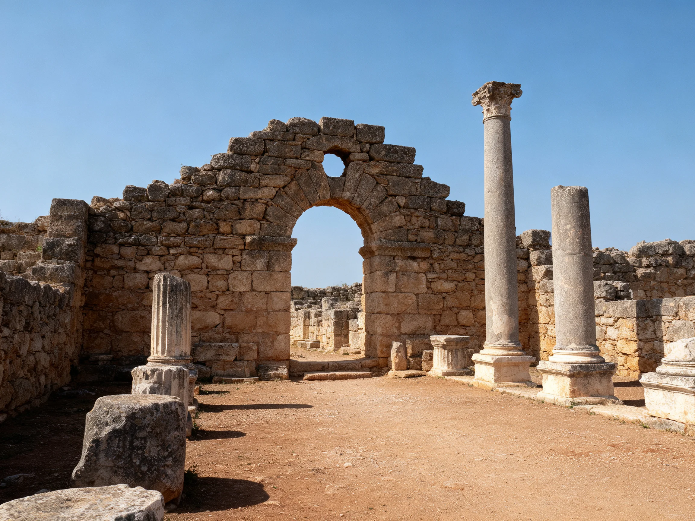 Ancient Stone Ruins with Arched Entrance and Columns Under Clear Blue Sky