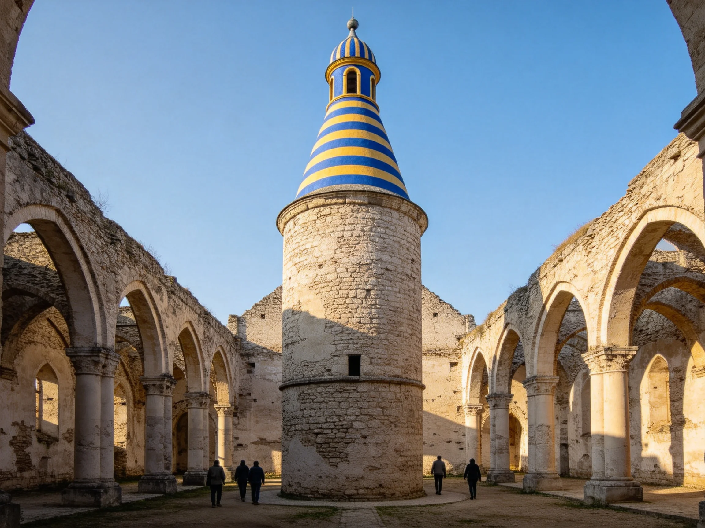 Ancient Stone Ruins with Arched Walkways Feature a Colorful Striped Tower