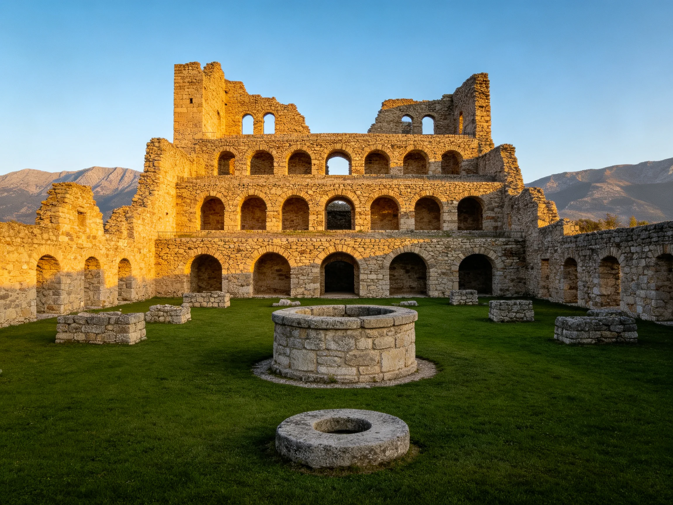 Ancient Stone Ruins with Arched Walls and Green Lawn Under Golden Light