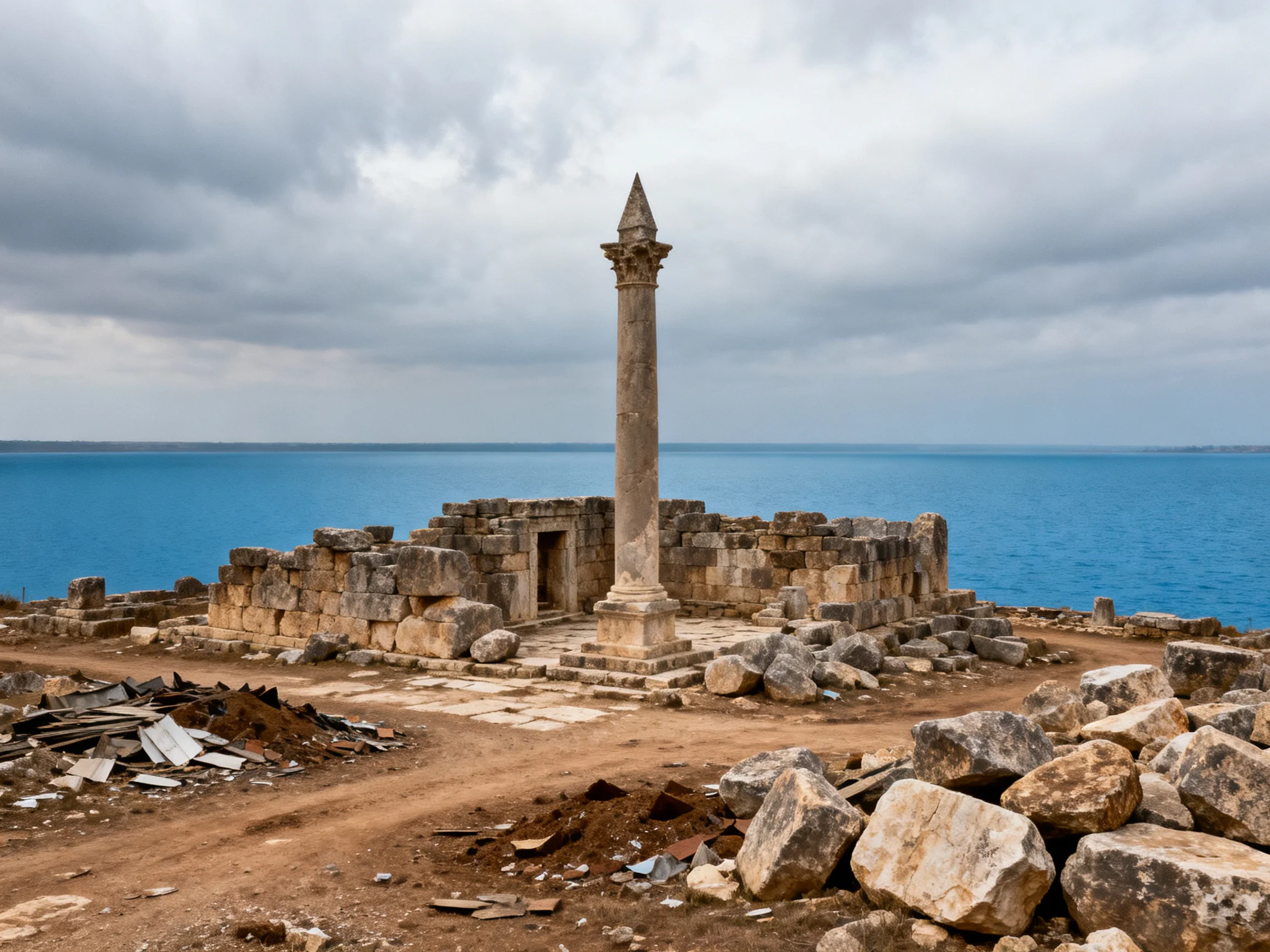 Ancient Stone Ruins with Column by Turquoise Sea