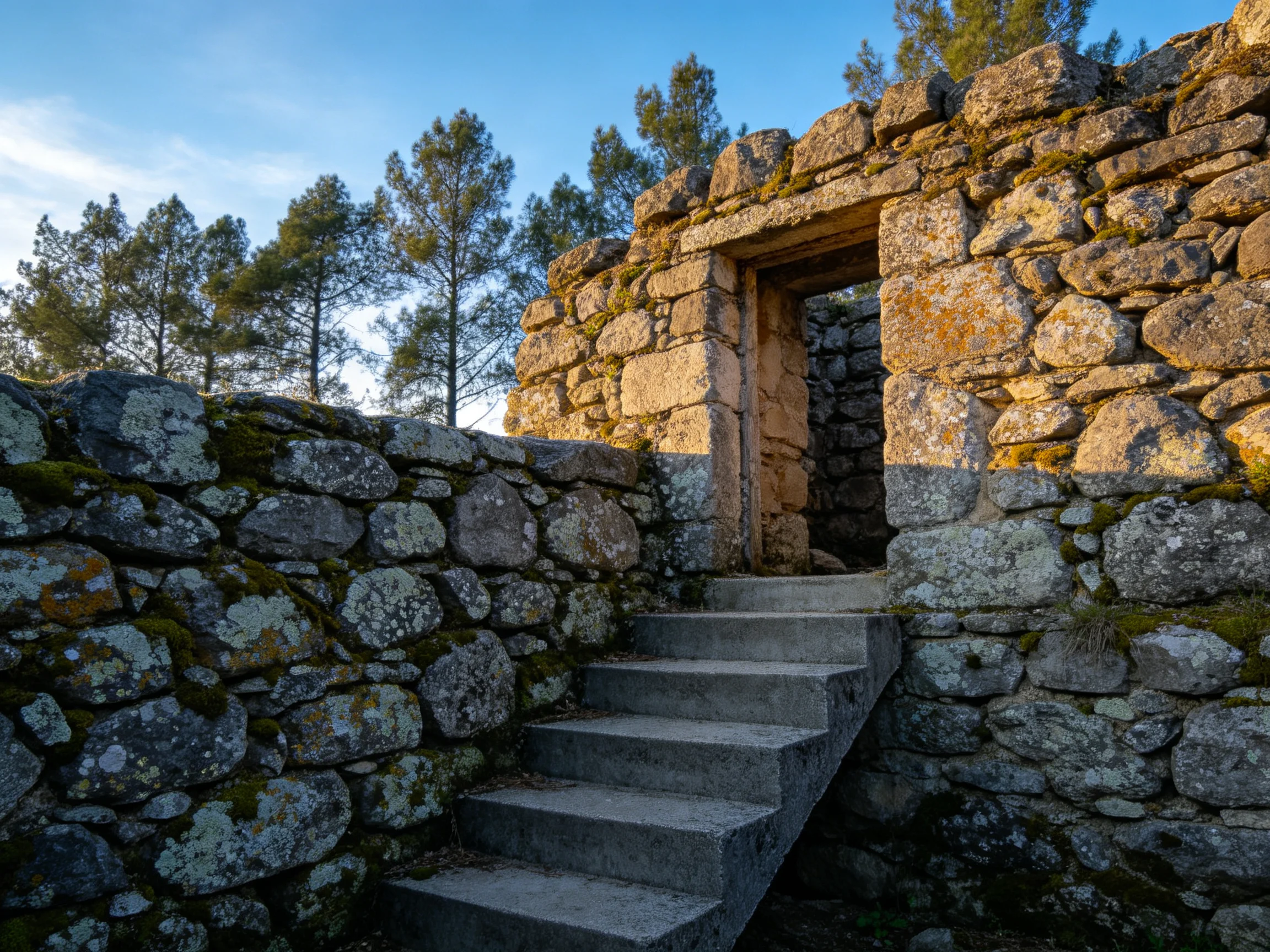 Ancient Stone Ruins with Concrete Stairs and Pine Trees
