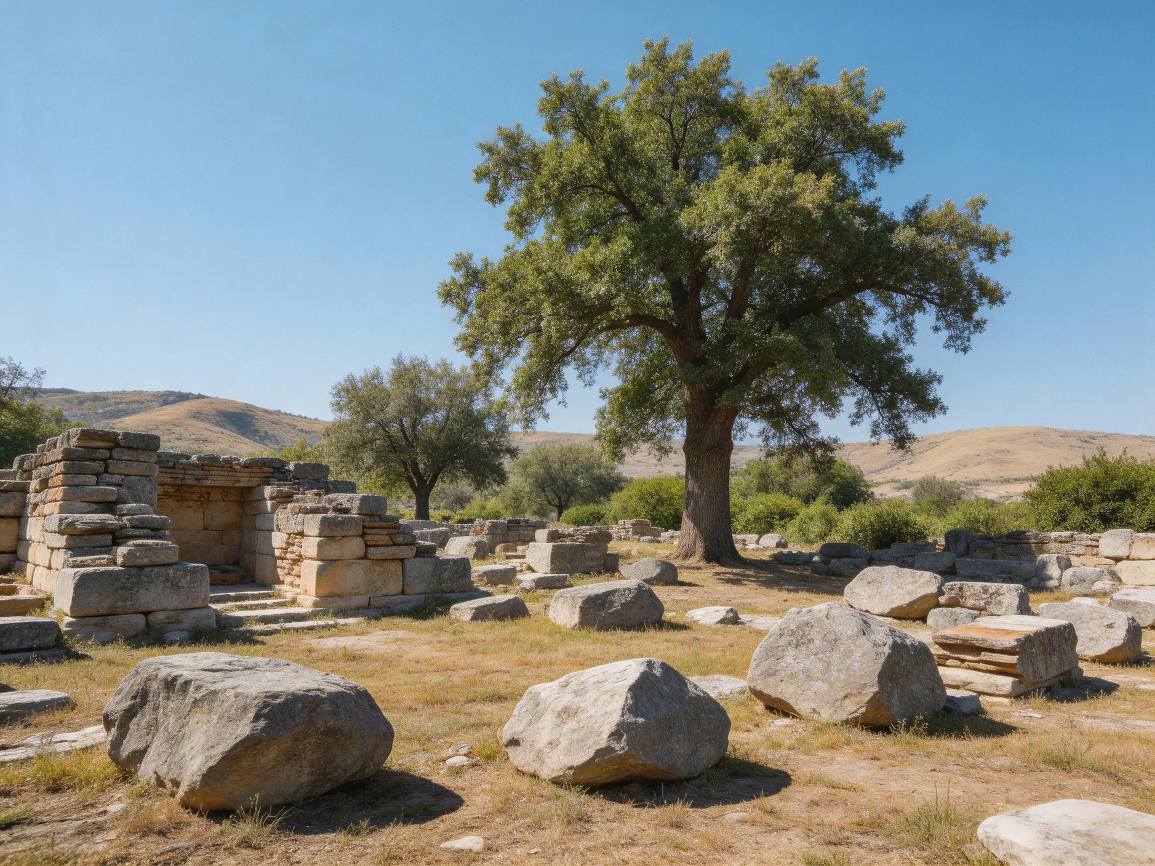 Ancient Stone Ruins with Large Green Tree and Rolling Hills