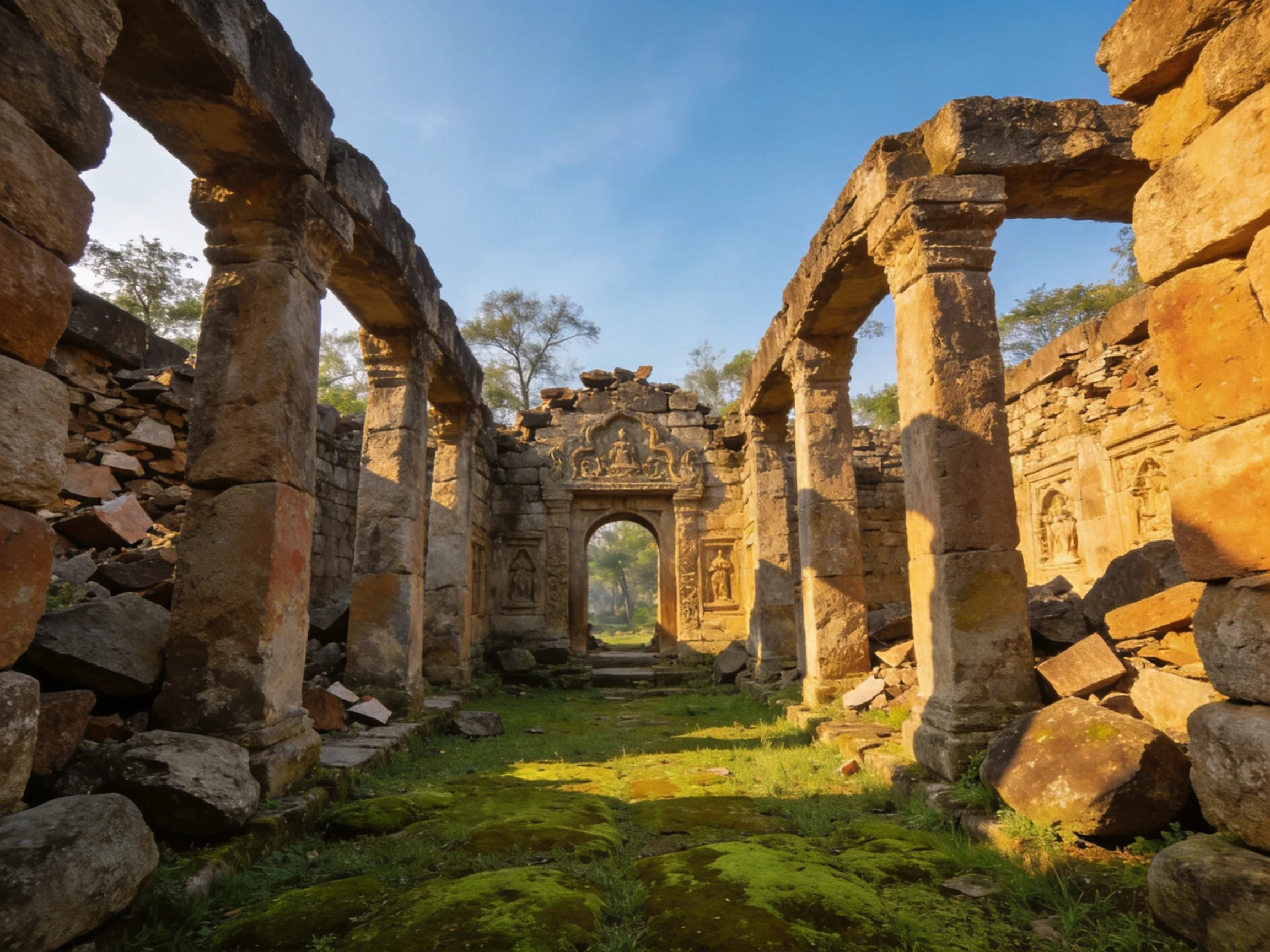 Ancient Stone Ruins with Moss-Covered Ground and Arched Columns