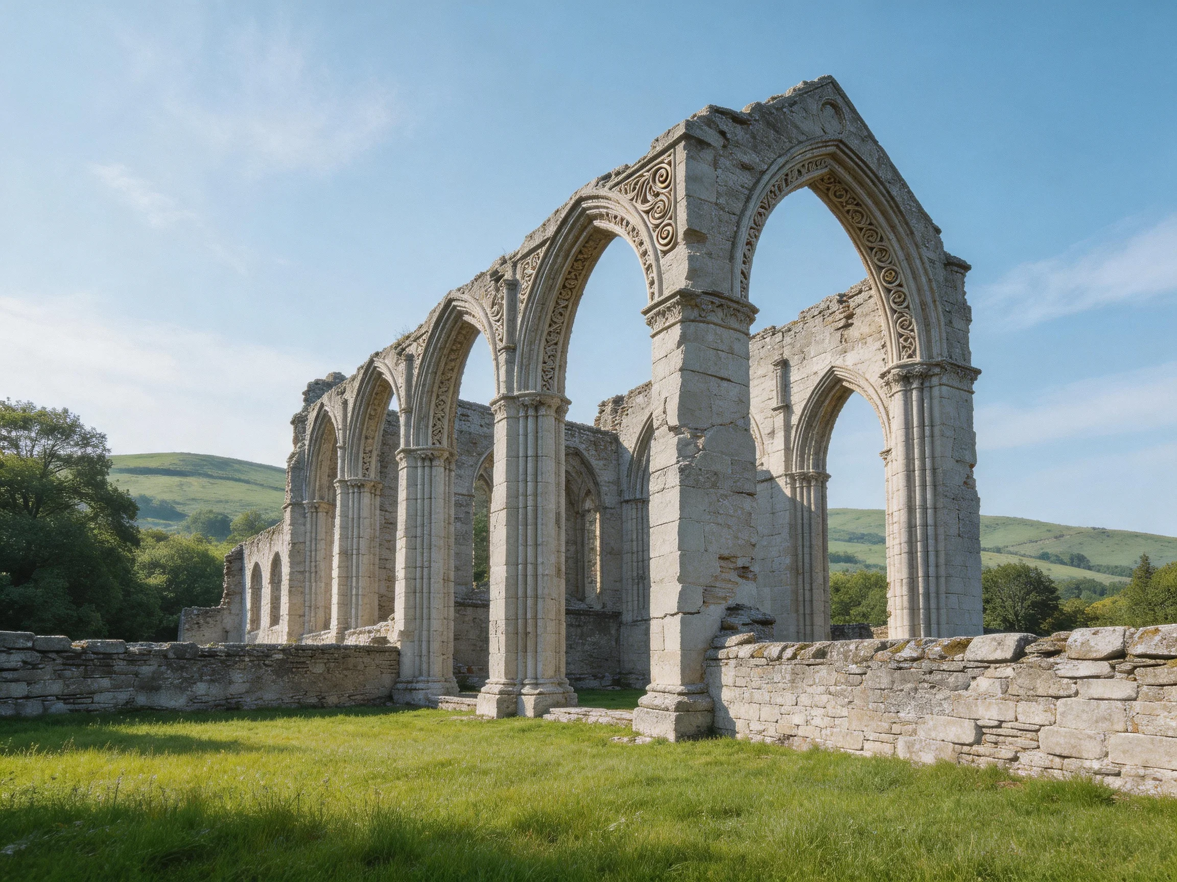 Ancient Stone Ruins with Tall Arched Columns in a Green Valley