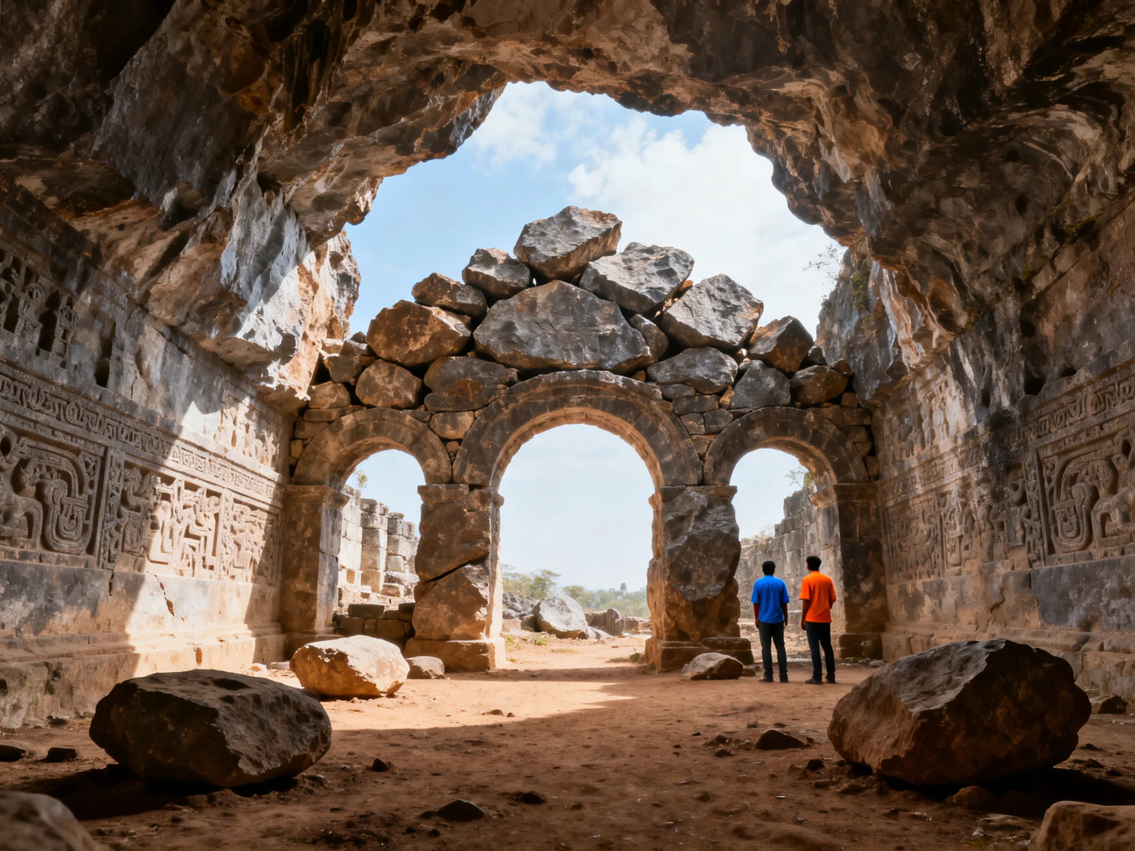 Ancient Stone Ruins with Three Arched Openings and Two Visitors