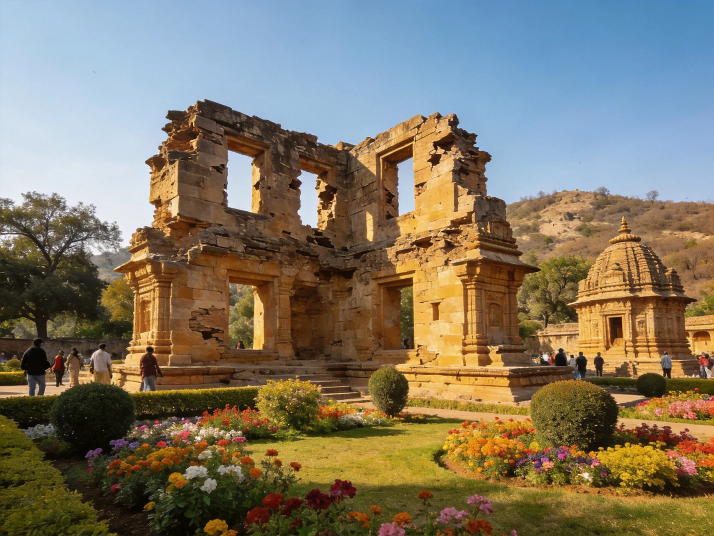Ancient Stone Ruins with Vibrant Gardens and Historic Temple