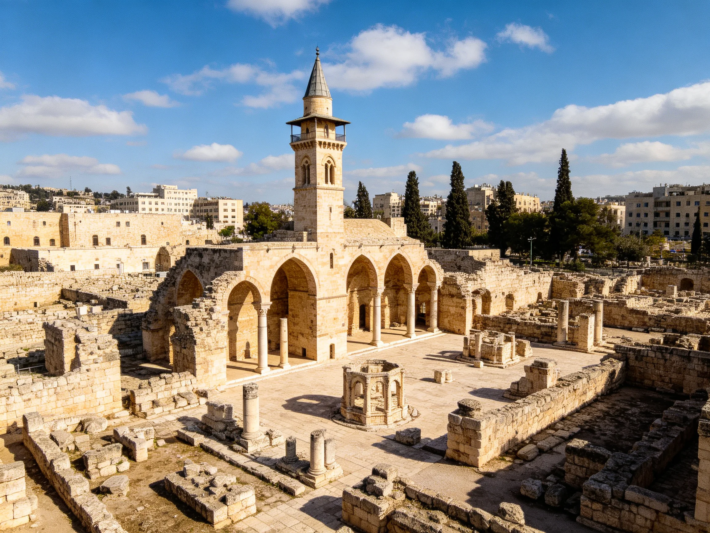 Ancient Stone Ruins with a Towered Architectural Centerpiece