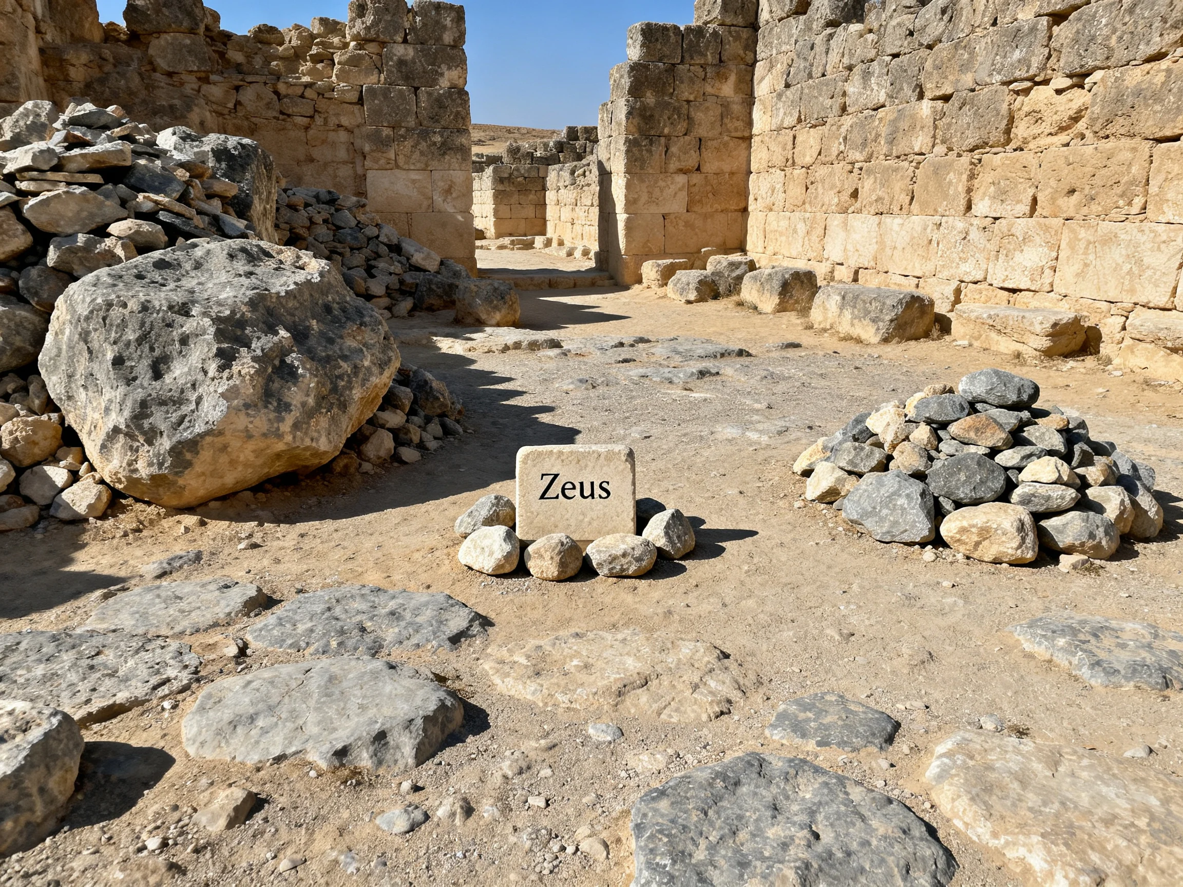 Ancient Stone Ruins with a Zeus Marker Among Weathered Stones