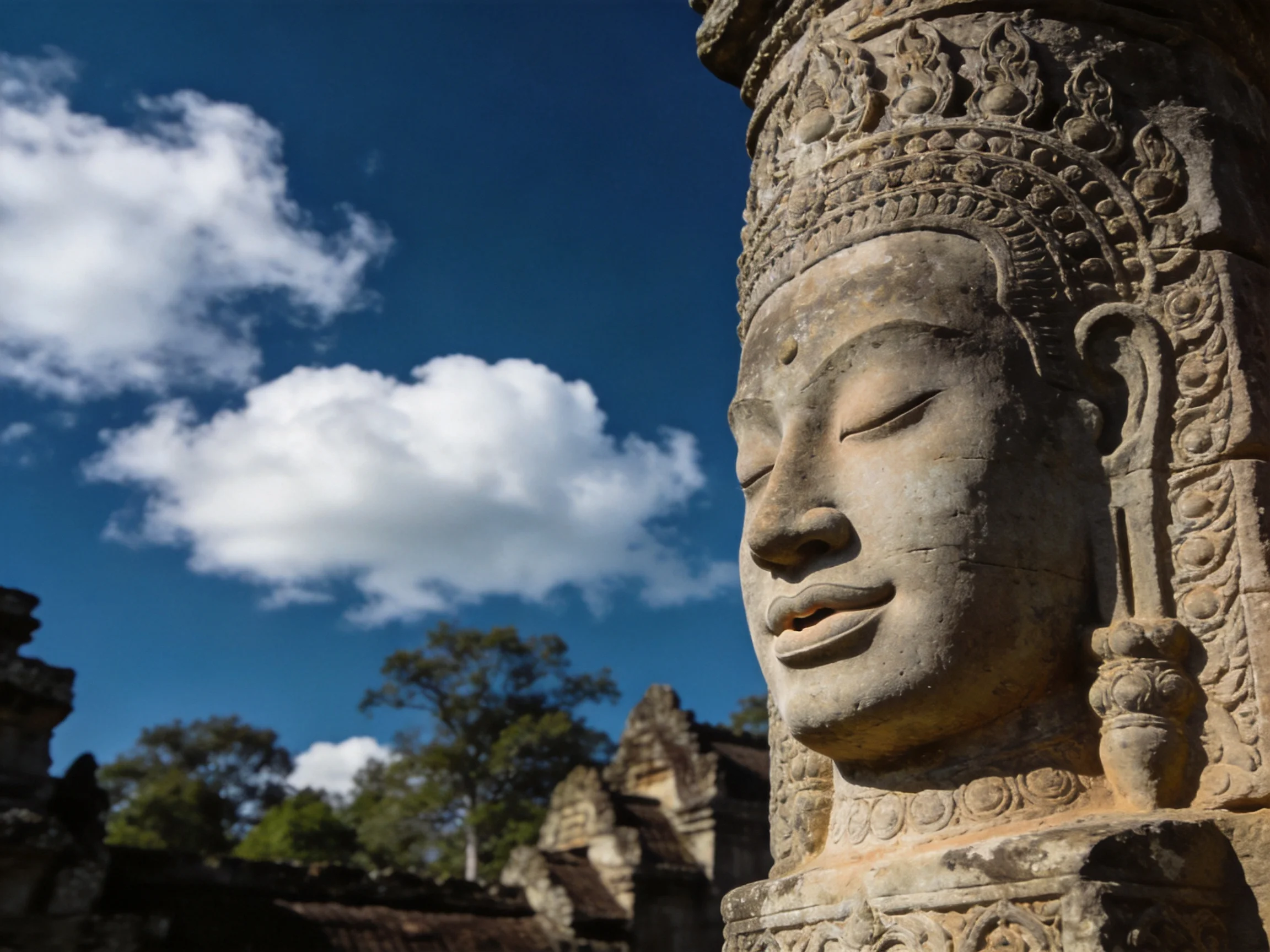 Ancient Stone Sculpture Under a Vibrant Blue Sky with White Clouds