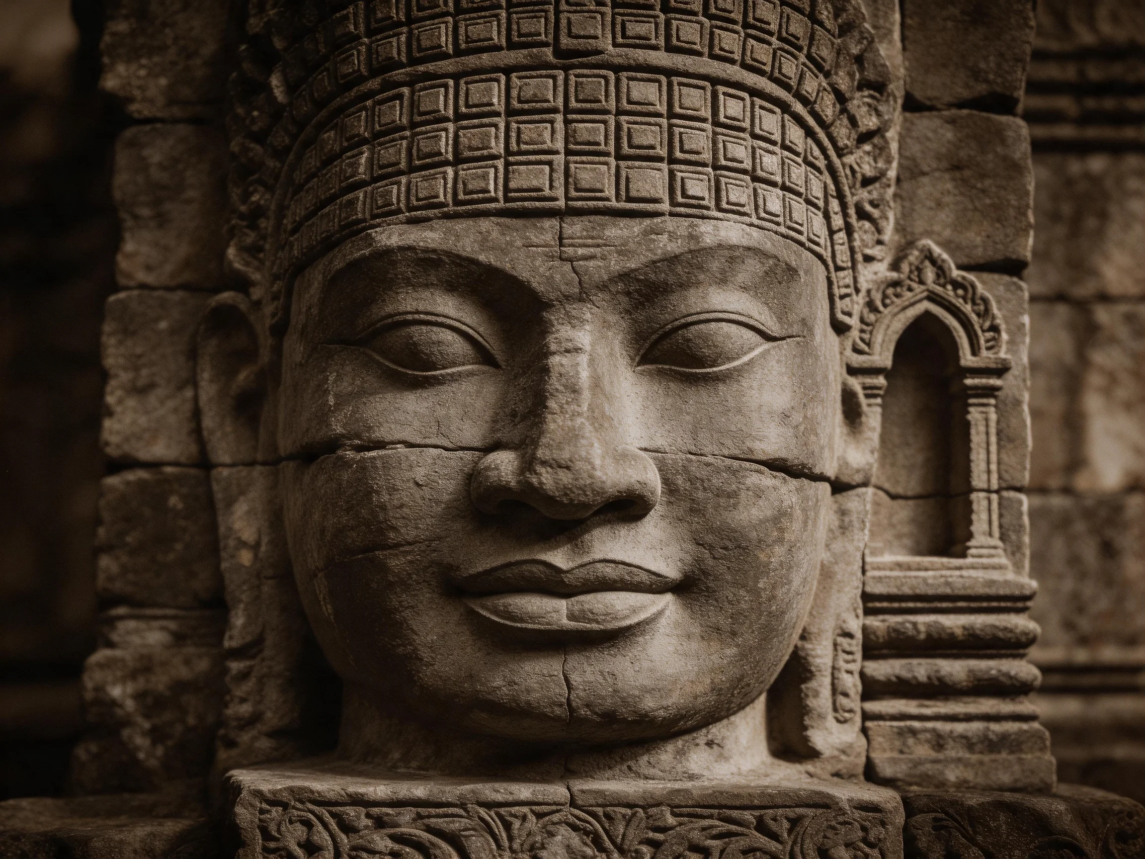 Ancient Stone Sculpture with Intricate Carvings and Weathered Texture