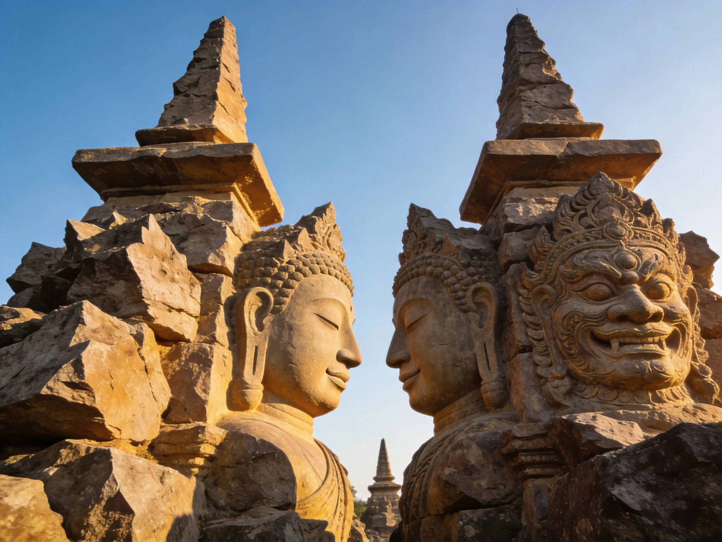 Ancient Stone Statues with Carved Faces and Towering Ruins
