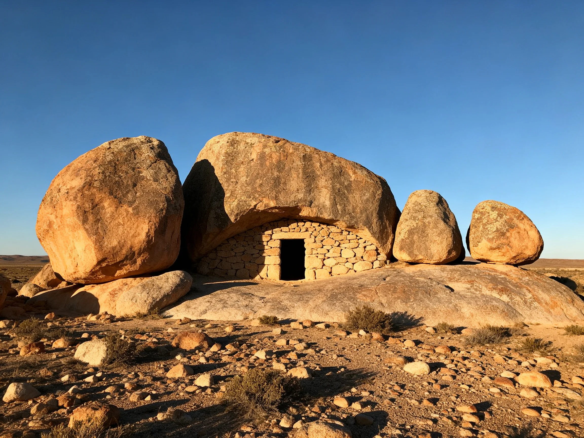 Ancient Stone Structure Under Giant Boulders in Arid Landscape