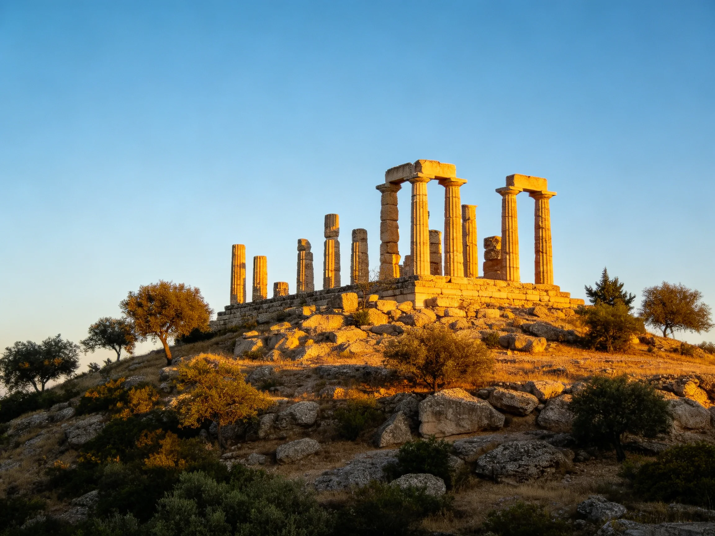 Ancient Stone Temple Ruins Illuminated by Golden Sunset Light